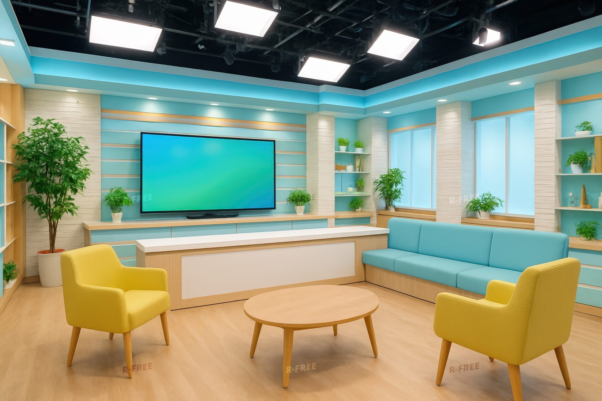 カラフルなインテリアと大型テレビがある収録スタジオ