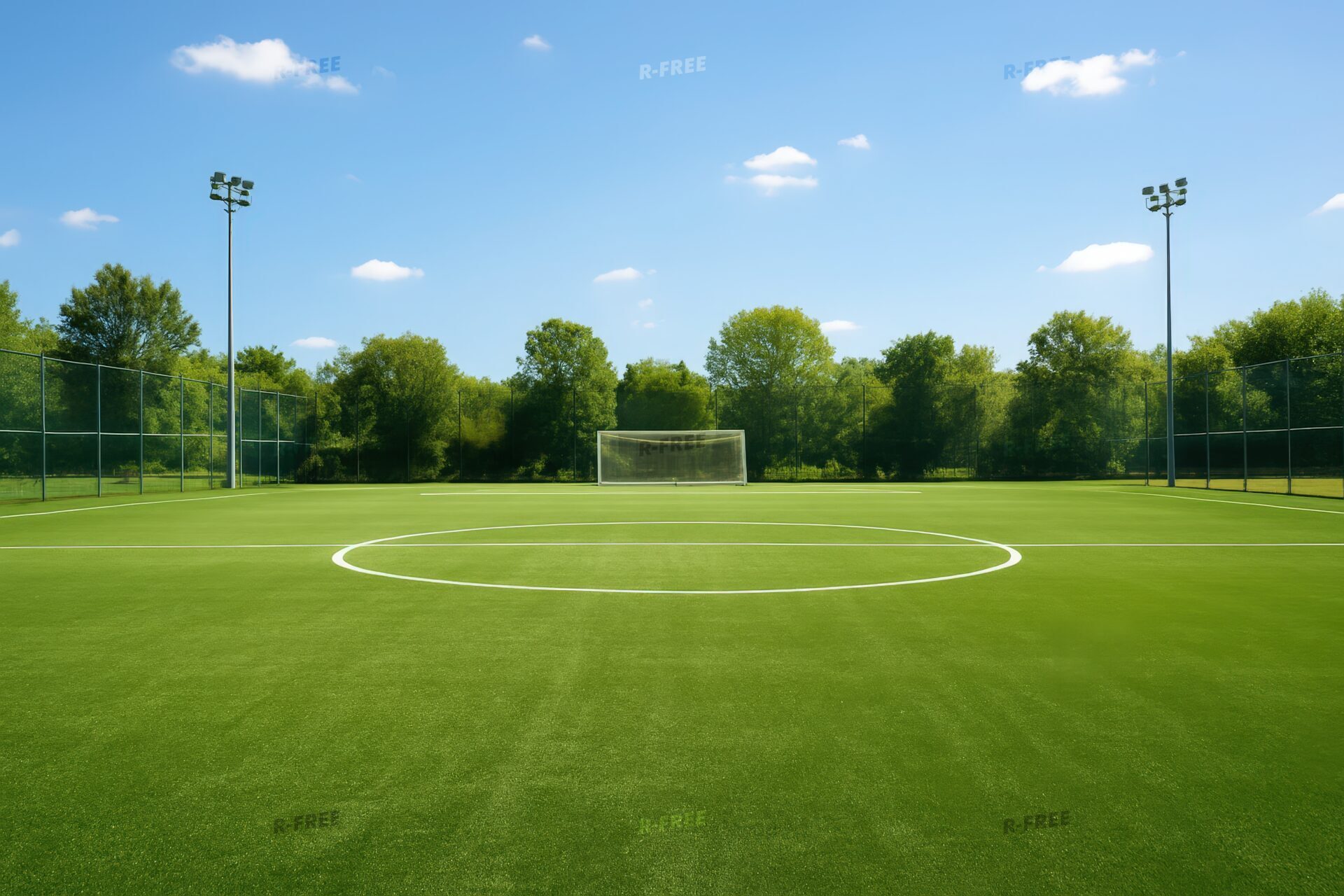 自然光が差し込む人工芝の屋外サッカーコート