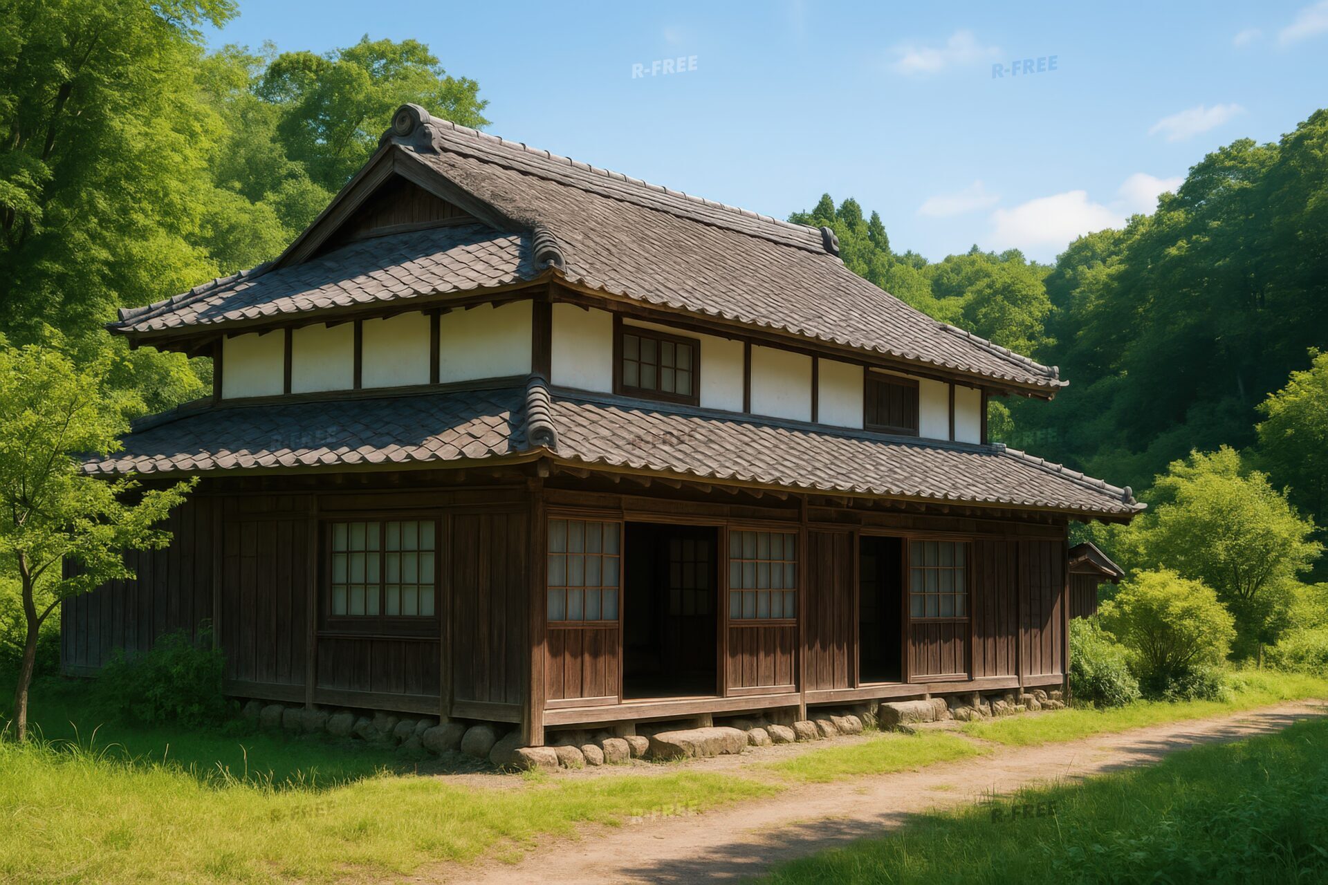 自然に囲まれた日本の伝統的な古民家