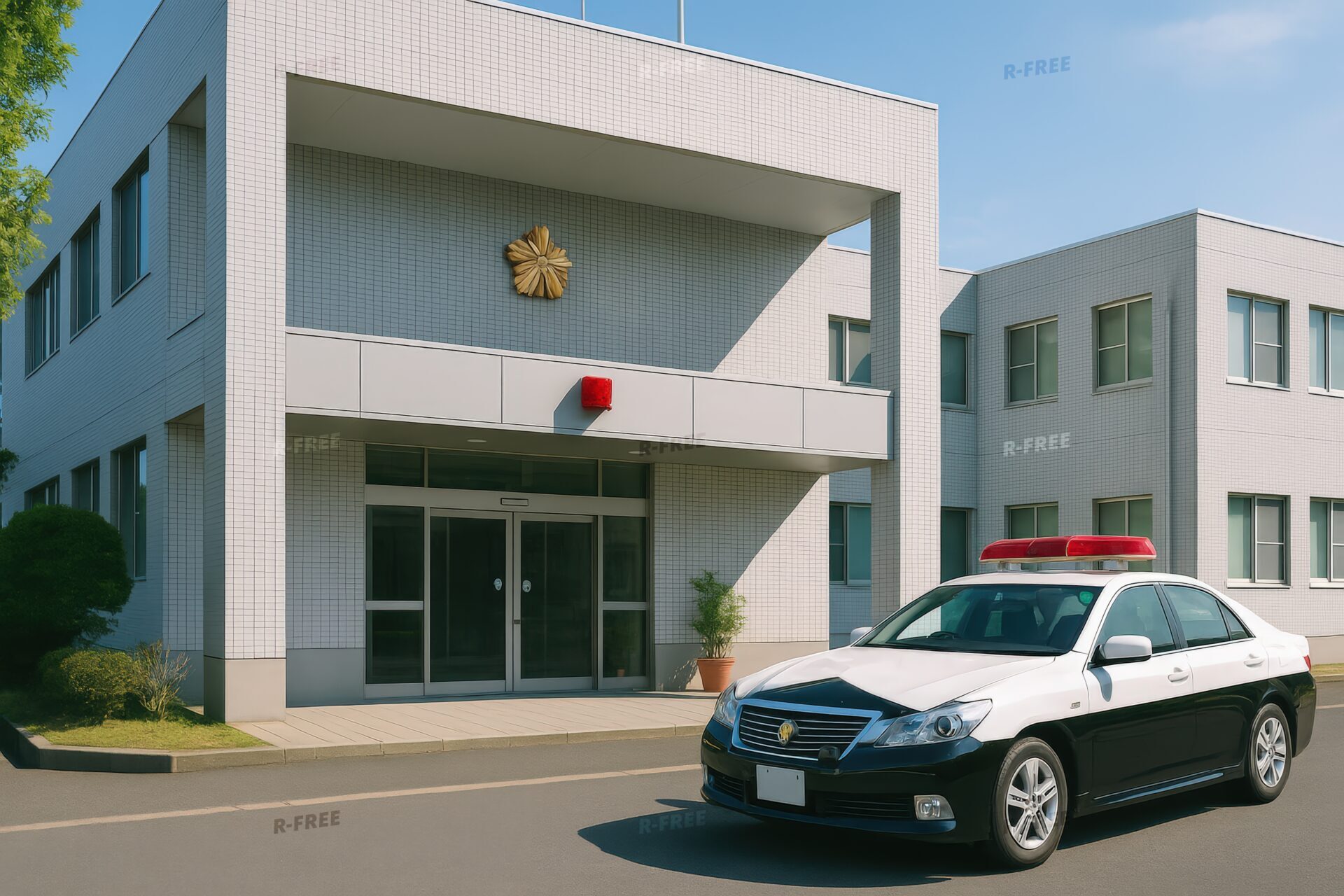 正面入口に赤色灯のある警察署とパトカー