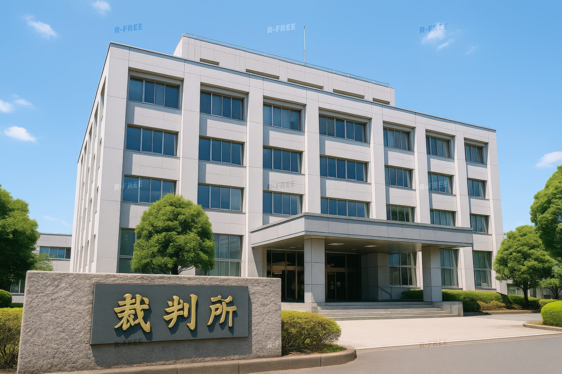 青空の下に建つ日本の地方裁判所の外観