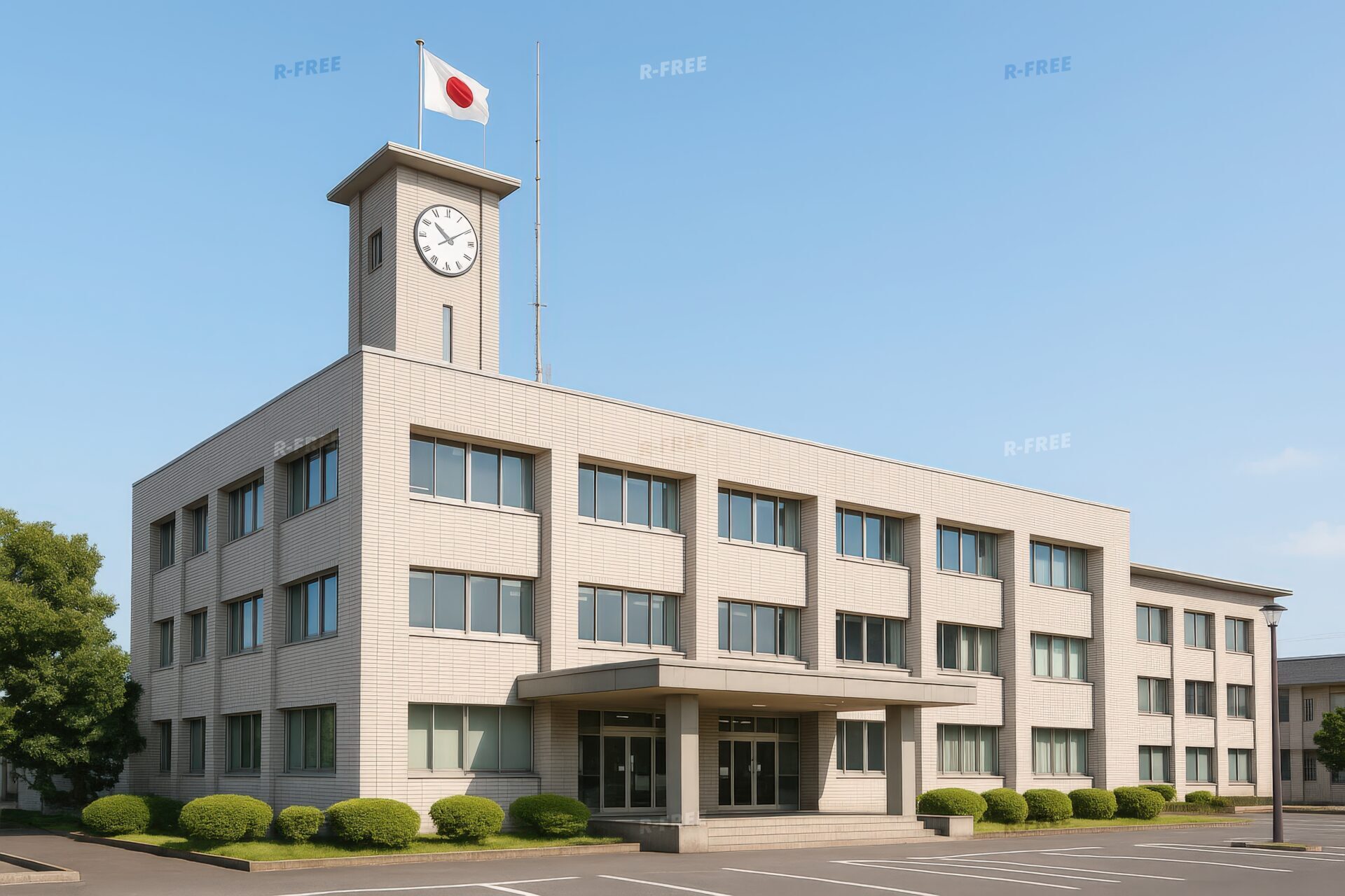時計塔と国旗が特徴的な地方の市役所建物