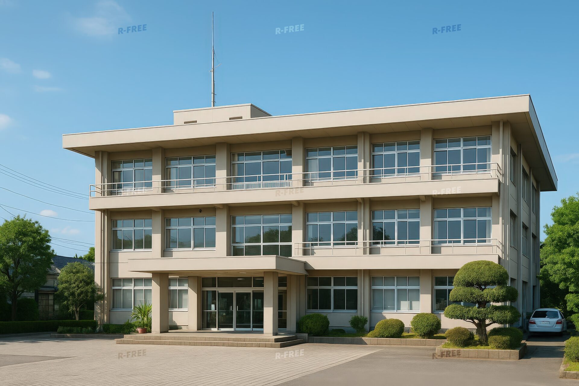 整備された前庭がある三階建ての町役場庁舎