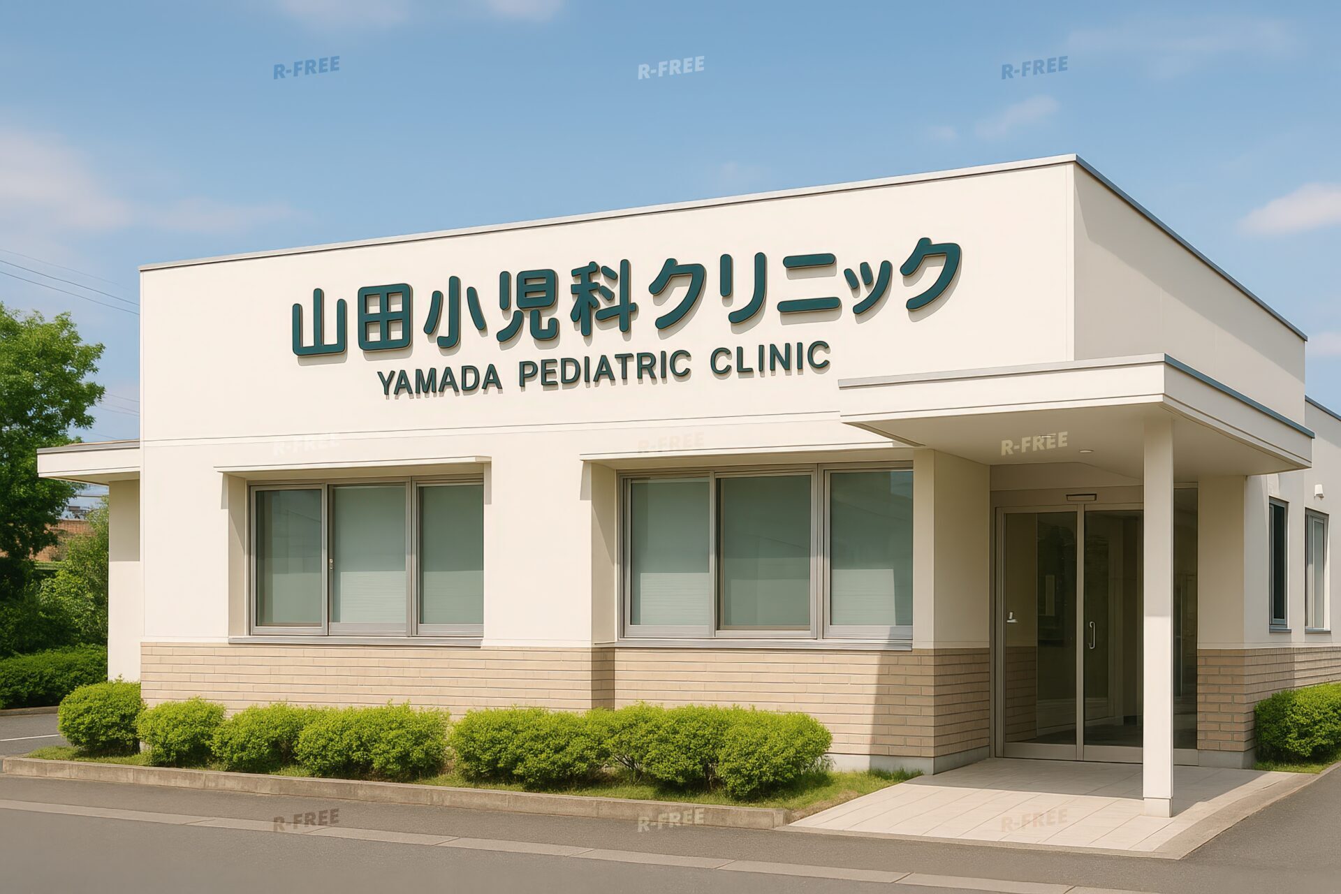 山田小児科クリニックのロゴがあるベージュと白の建物