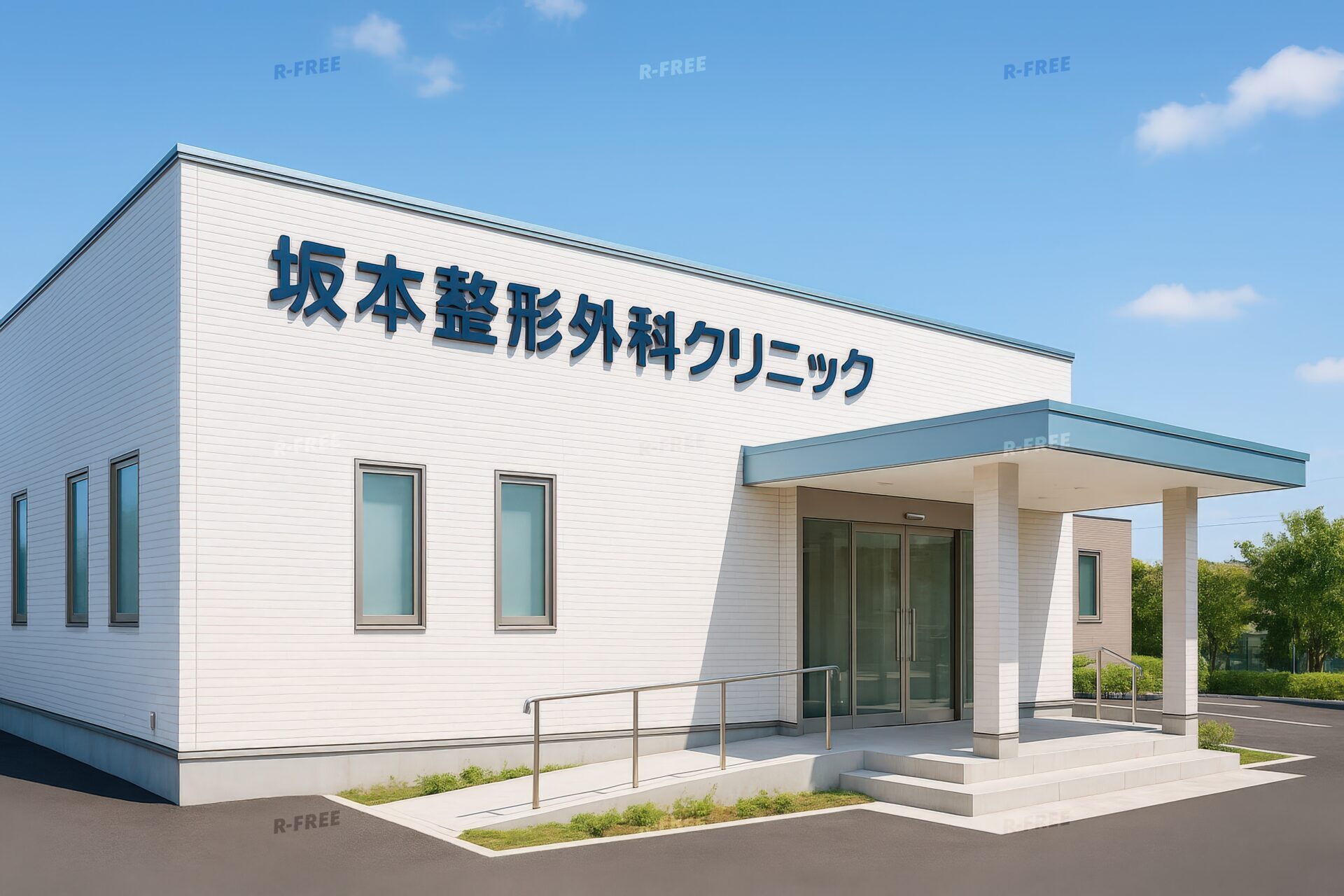 青い屋根が特徴の坂本整形外科クリニックの外観