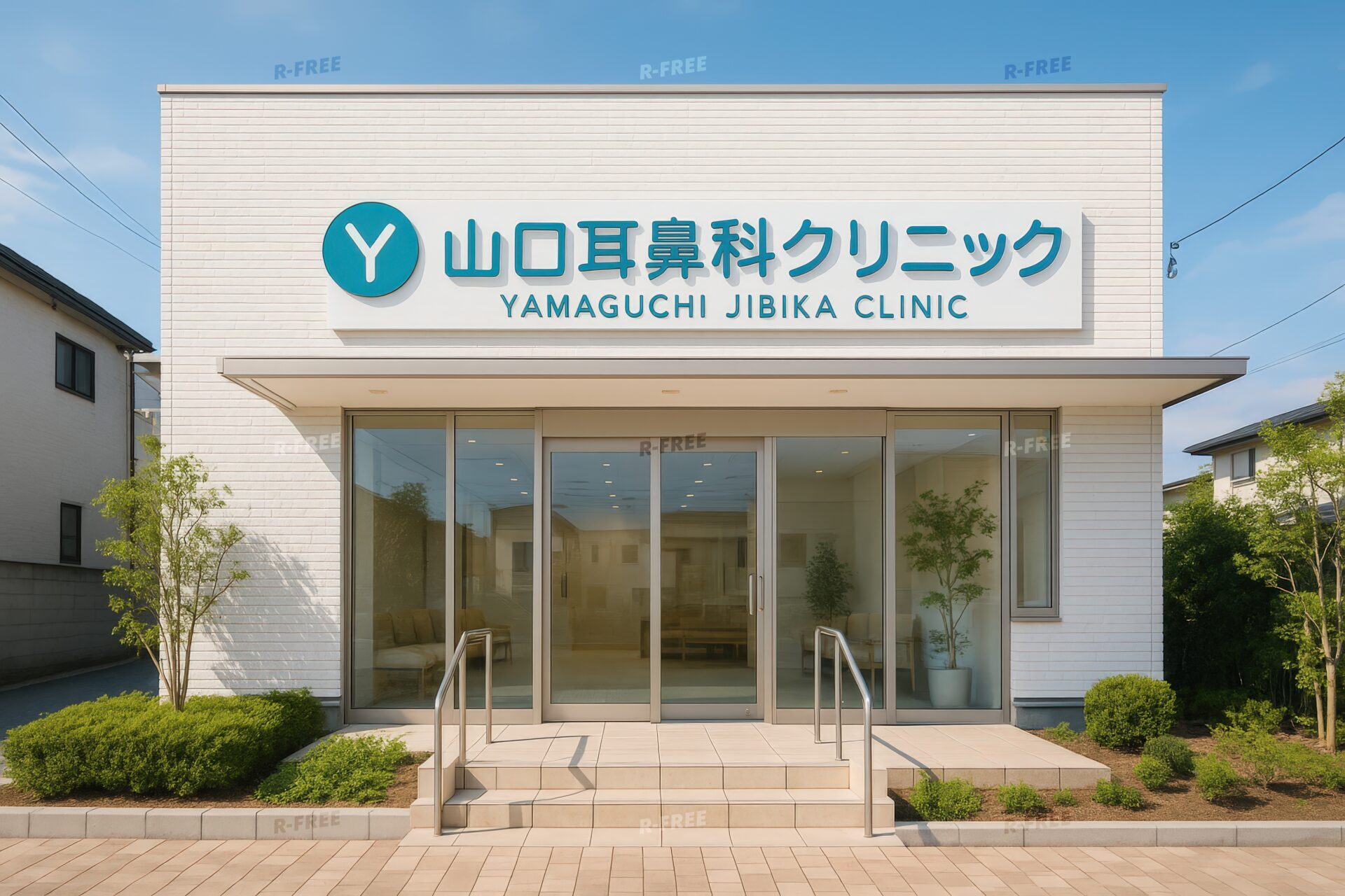 山口耳鼻科クリニックのロゴが目立つガラス張りのエントランス