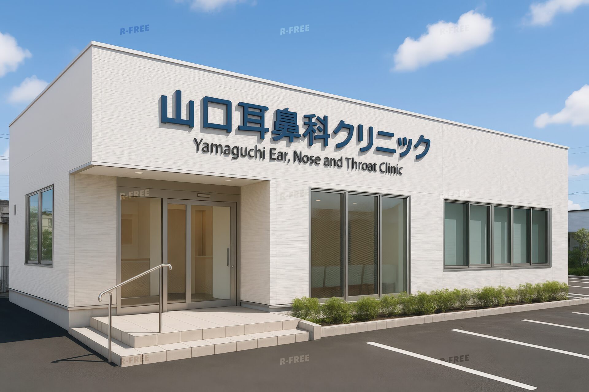 大きな窓がある山口耳鼻科クリニックのシンプルな建物