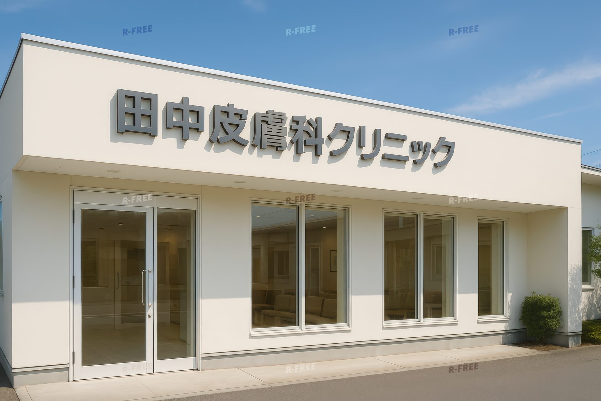 田中皮膚科クリニックの大きな窓が特徴の建物外観