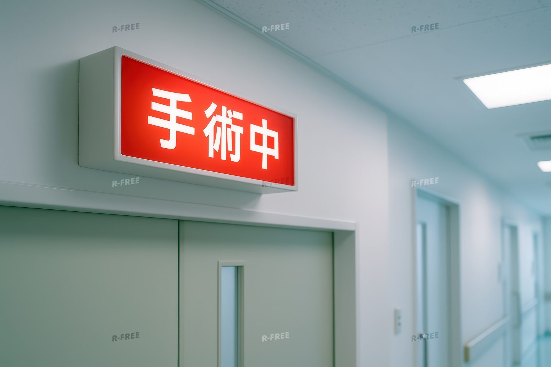 廊下にある「手術中」の赤いサインと扉