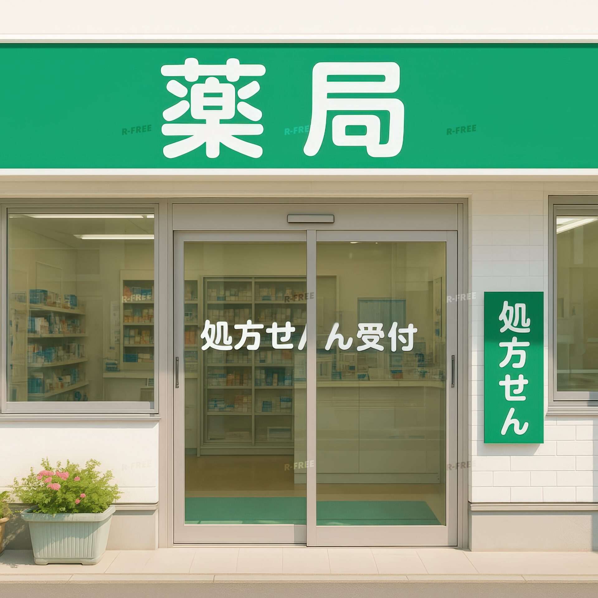 緑色の看板が印象的な薬局の外観