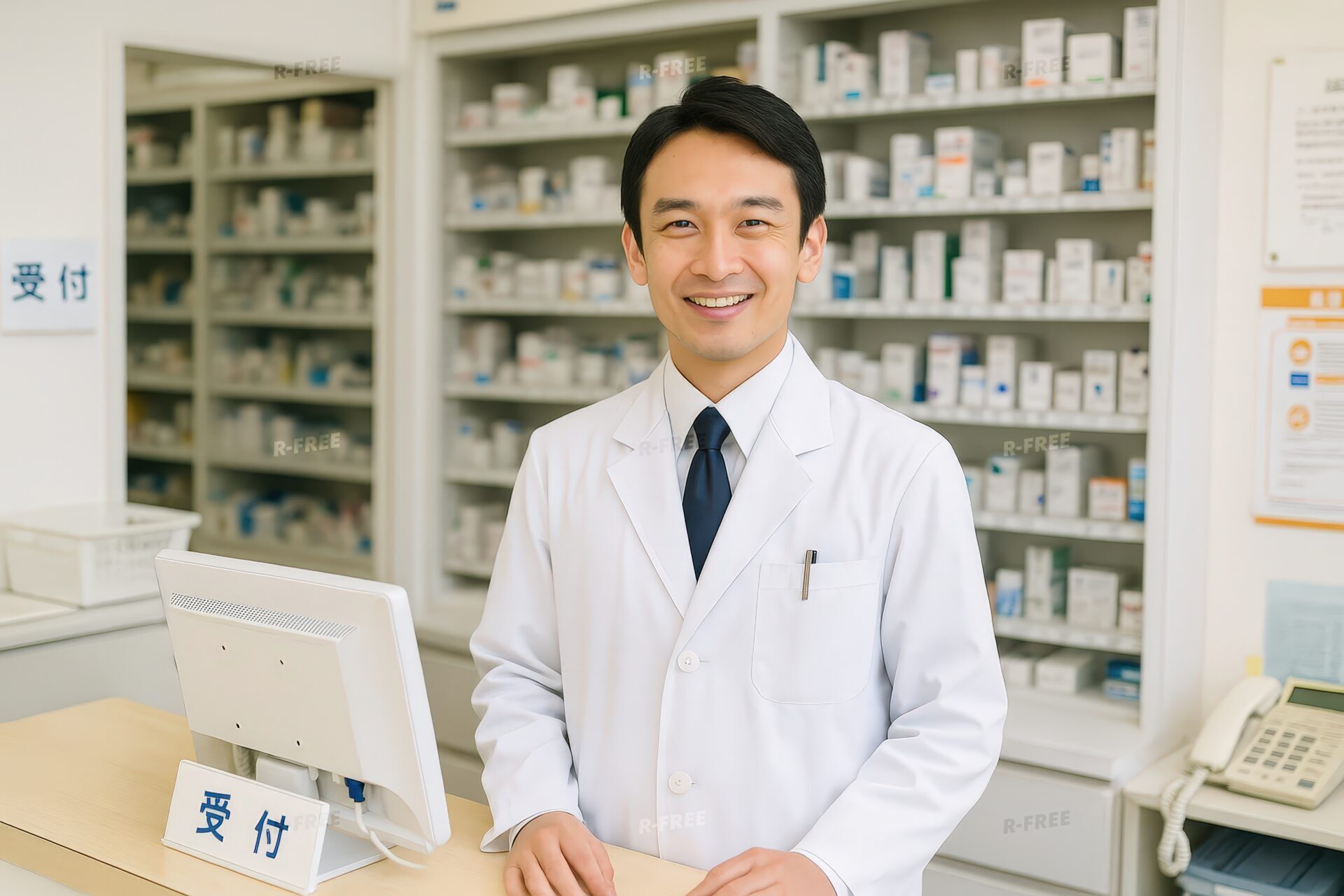 受付カウンターで笑顔を見せる男性薬剤師