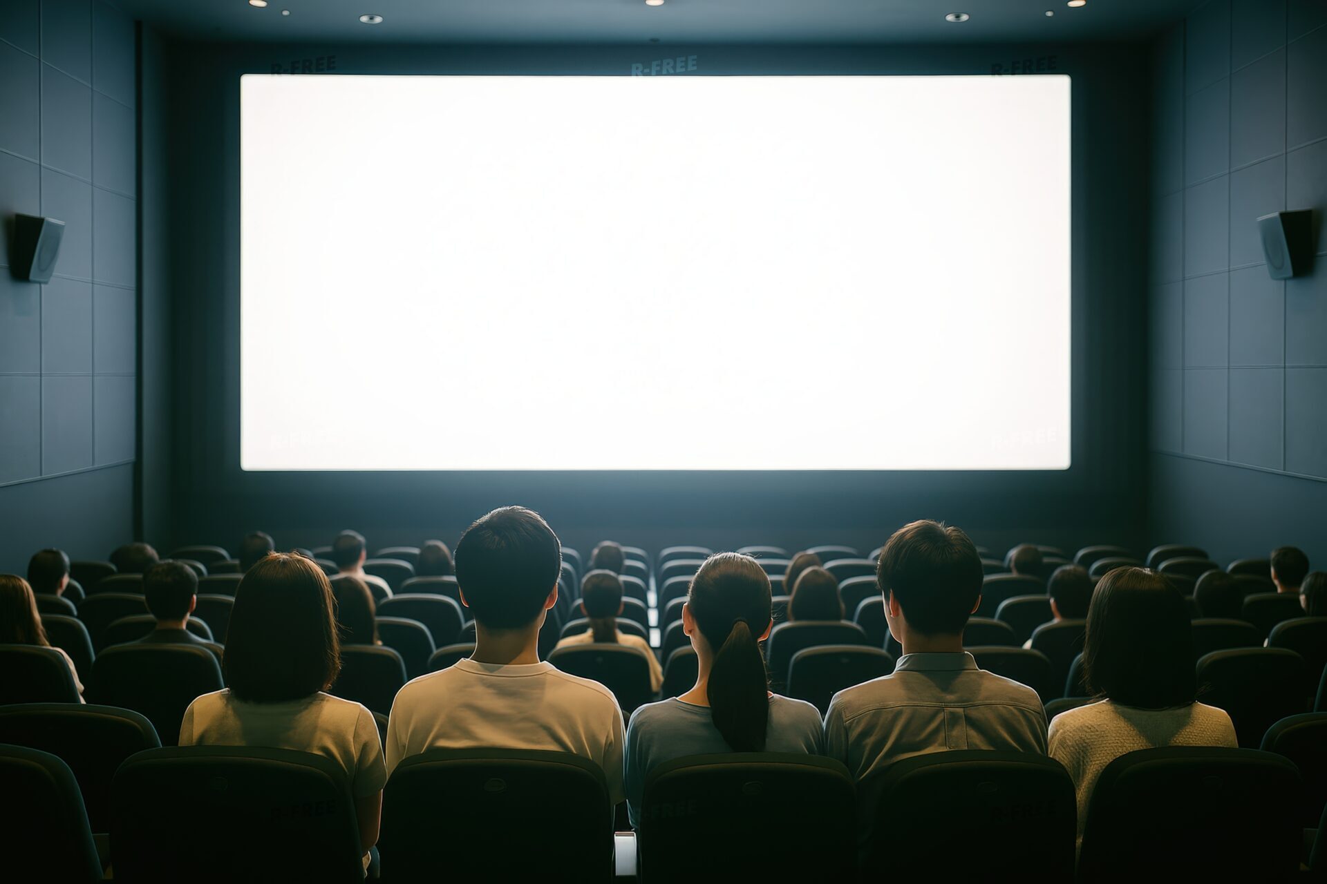 明るいスクリーンを見つめる観客たちの映画館