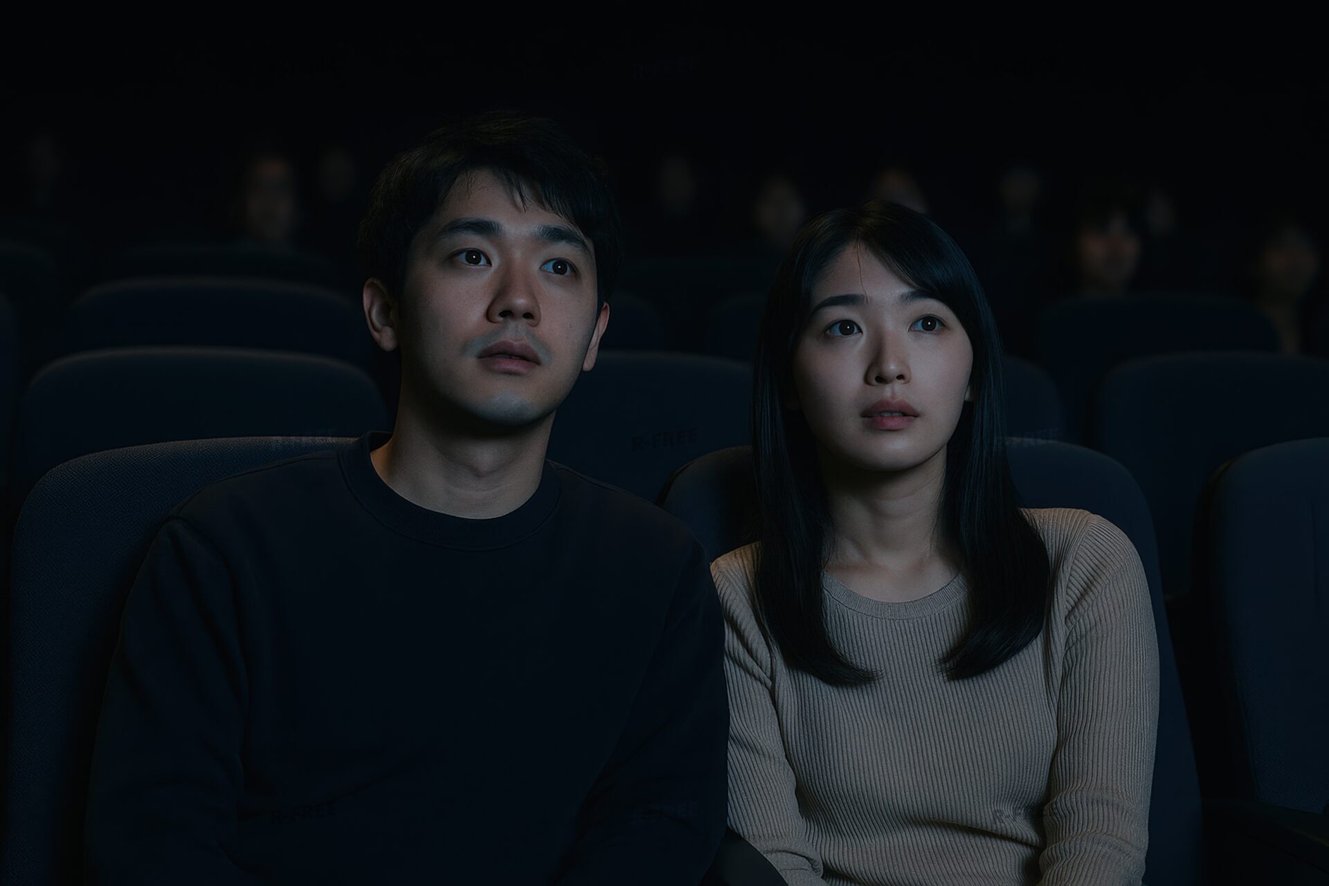 暗い映画館で映画を見つめる男女