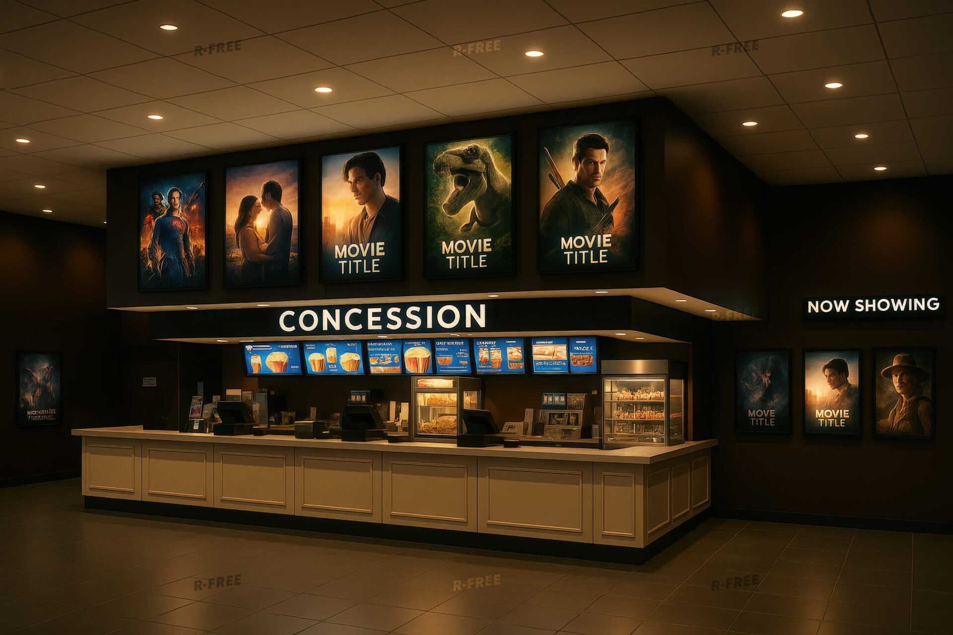 映画ポスターが並ぶ映画館の売店カウンター