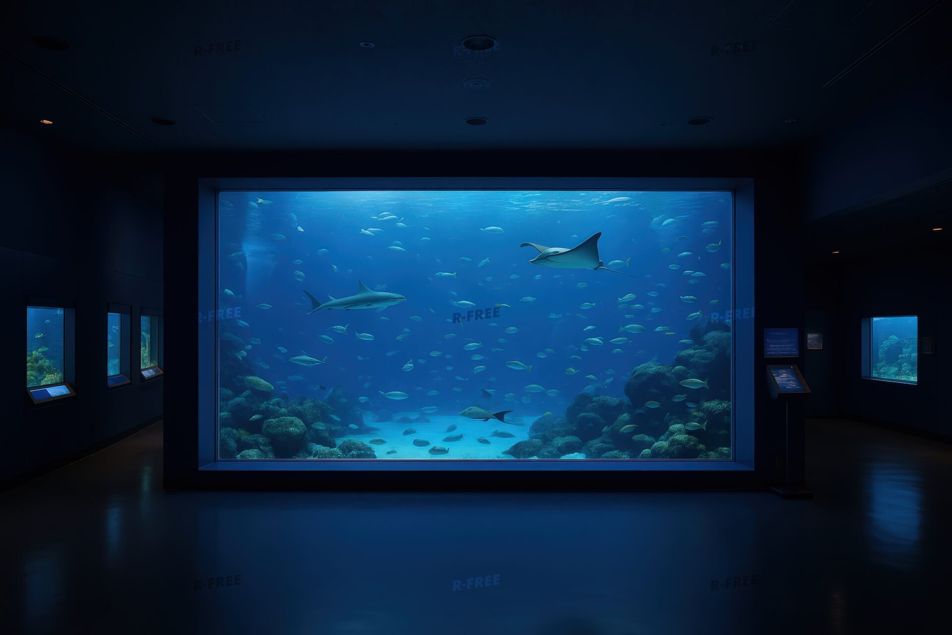 大型水槽を泳ぐサメとエイ