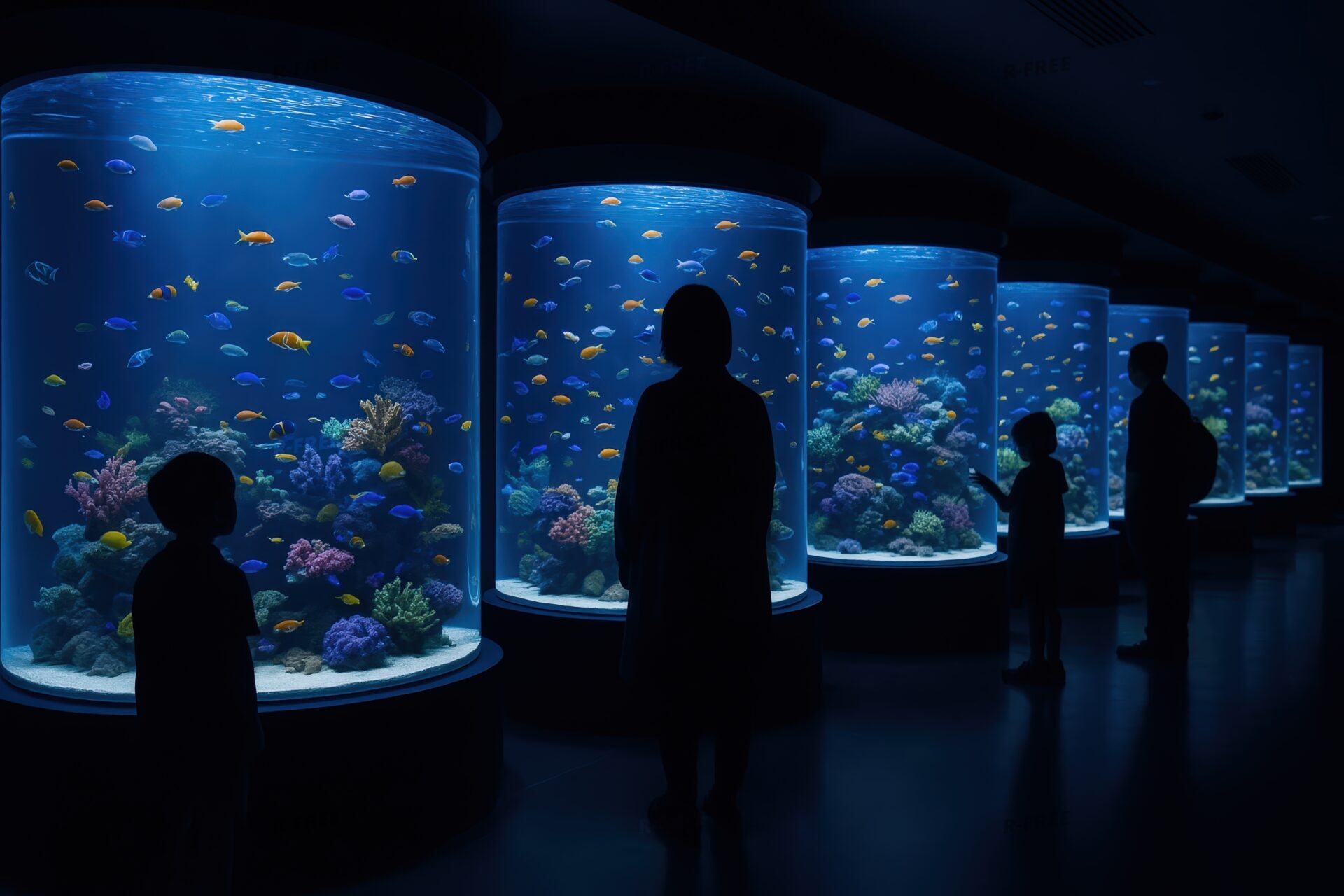 円筒形の水槽を囲んで魚を眺める親子連れ