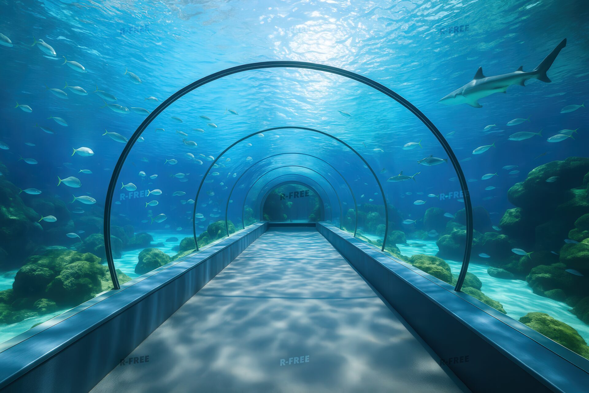 ガラス張りのトンネル水族館で魚群を眺める