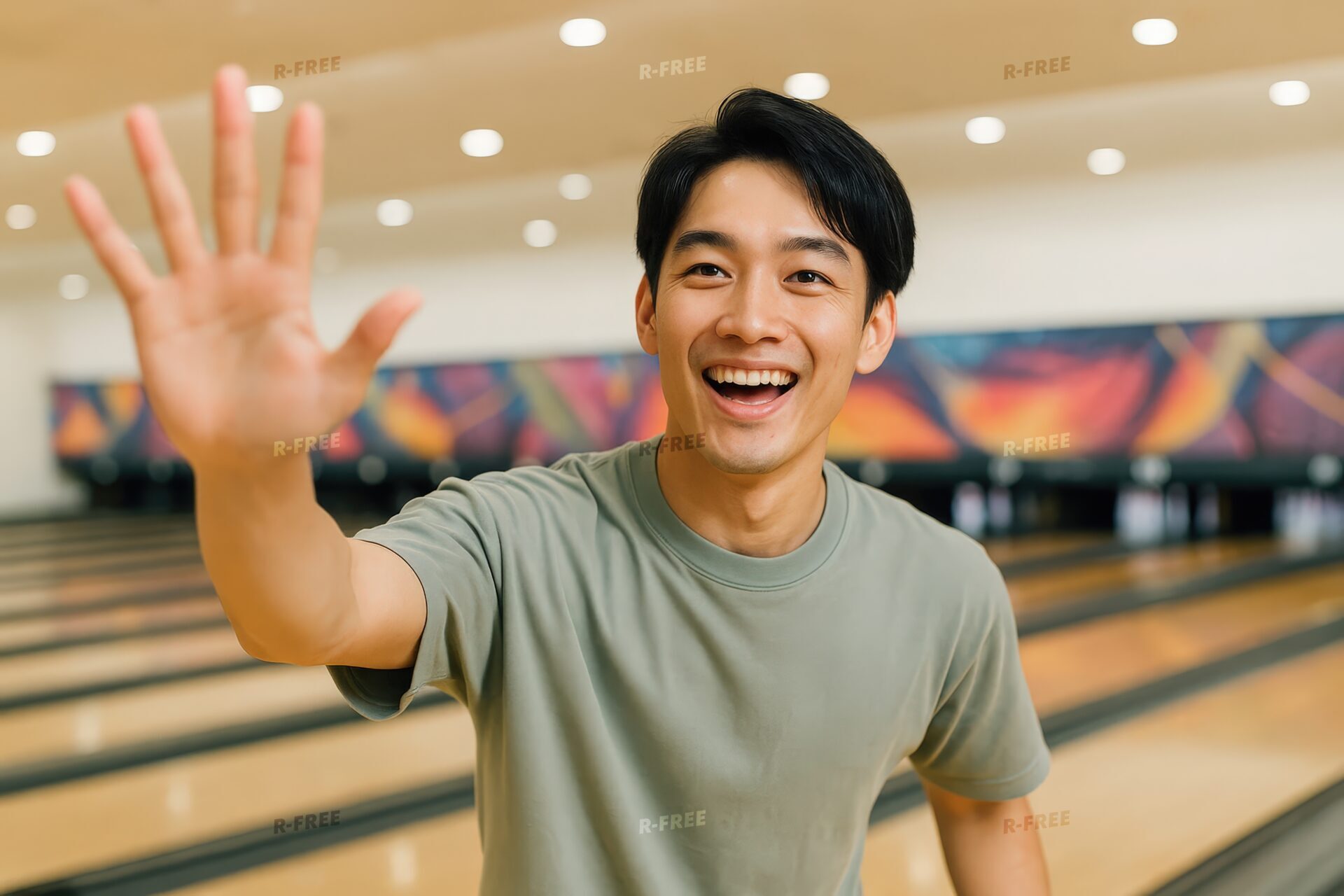 ボウリング場でハイタッチする笑顔の若い男性