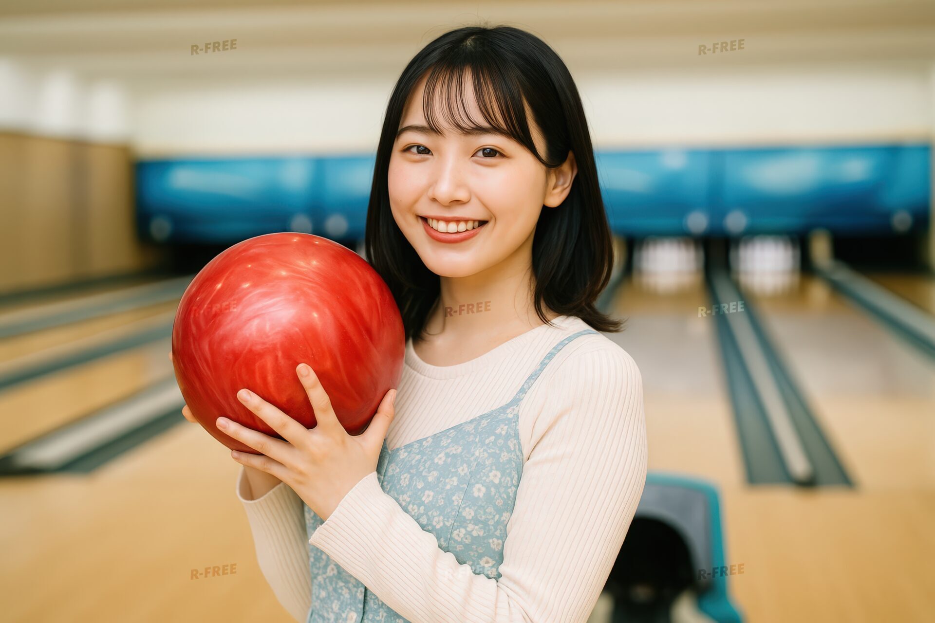 赤いボウリングボールを持つ笑顔の若い女性