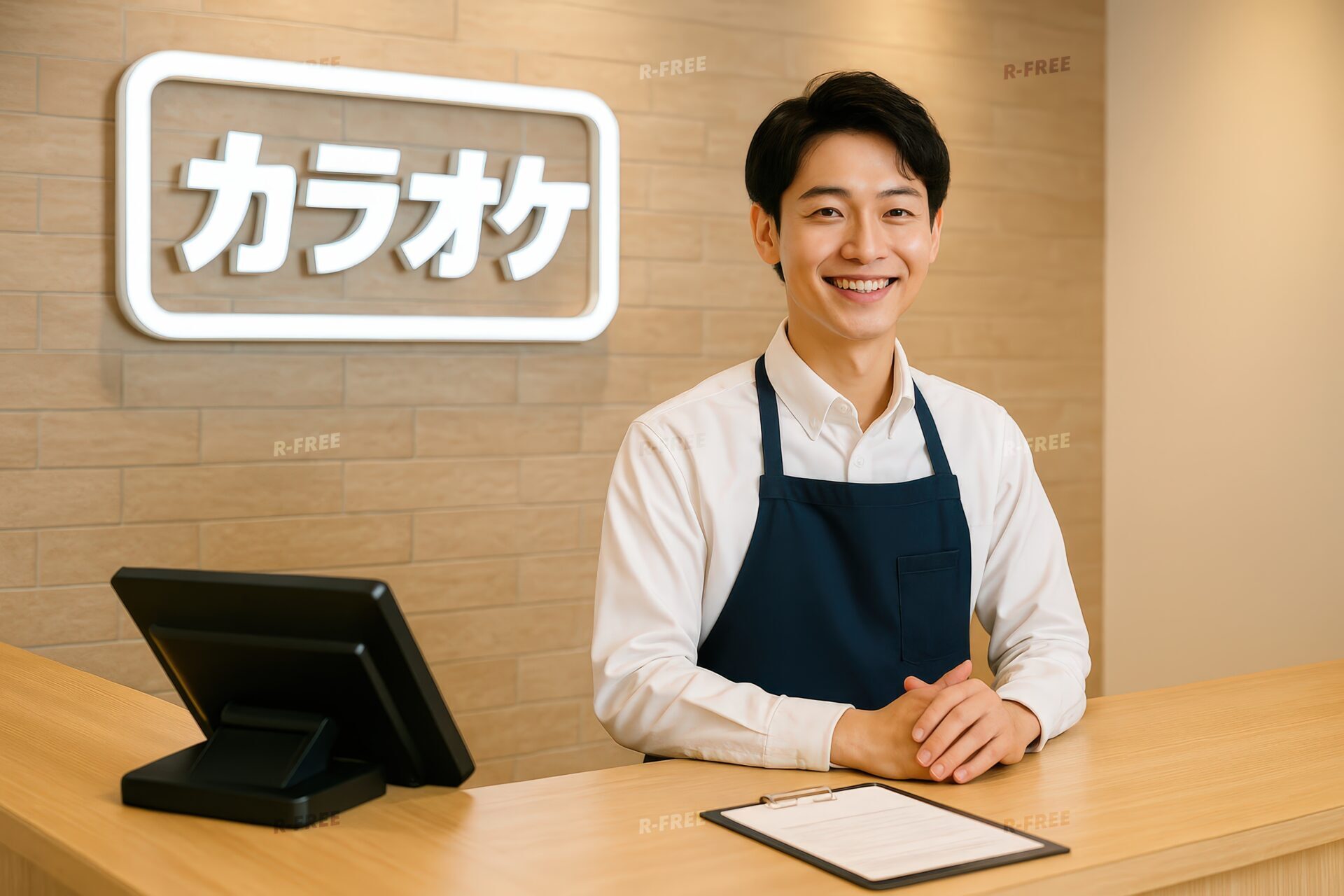 カラオケ受付カウンターで丁寧に接客する男性スタッフ