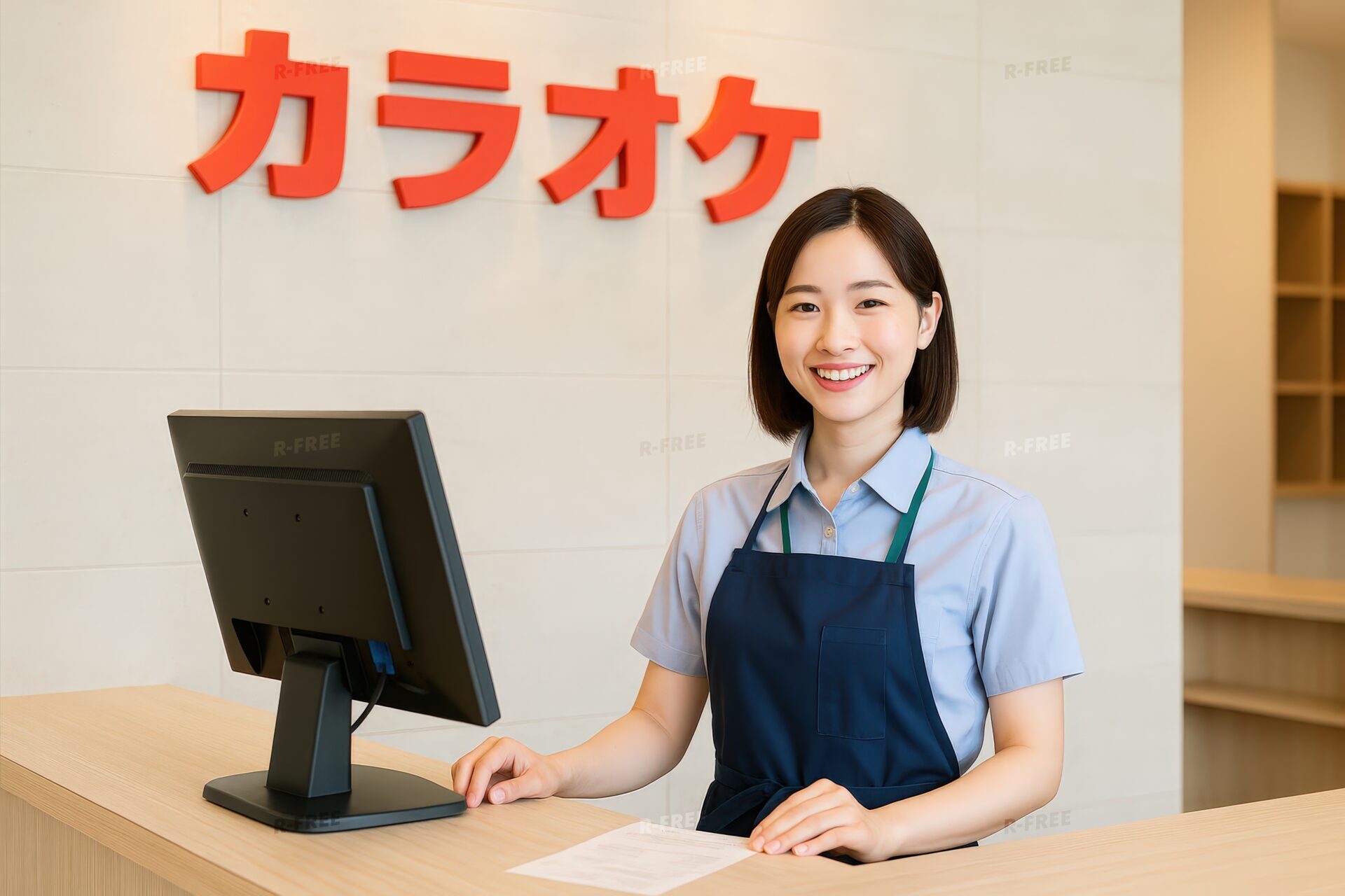 カウンターで笑顔を見せるカラオケ店の女性スタッフ