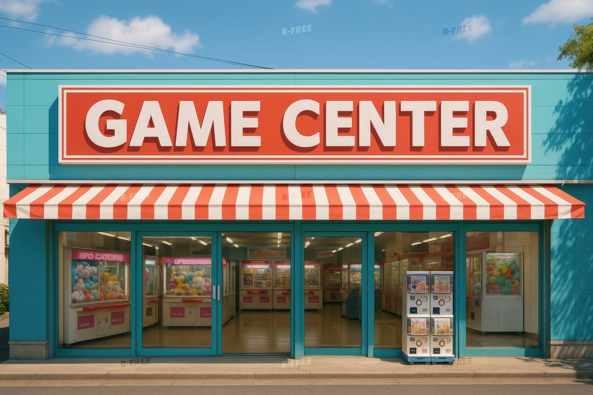カラフルな外観のゲームセンターの建物正面