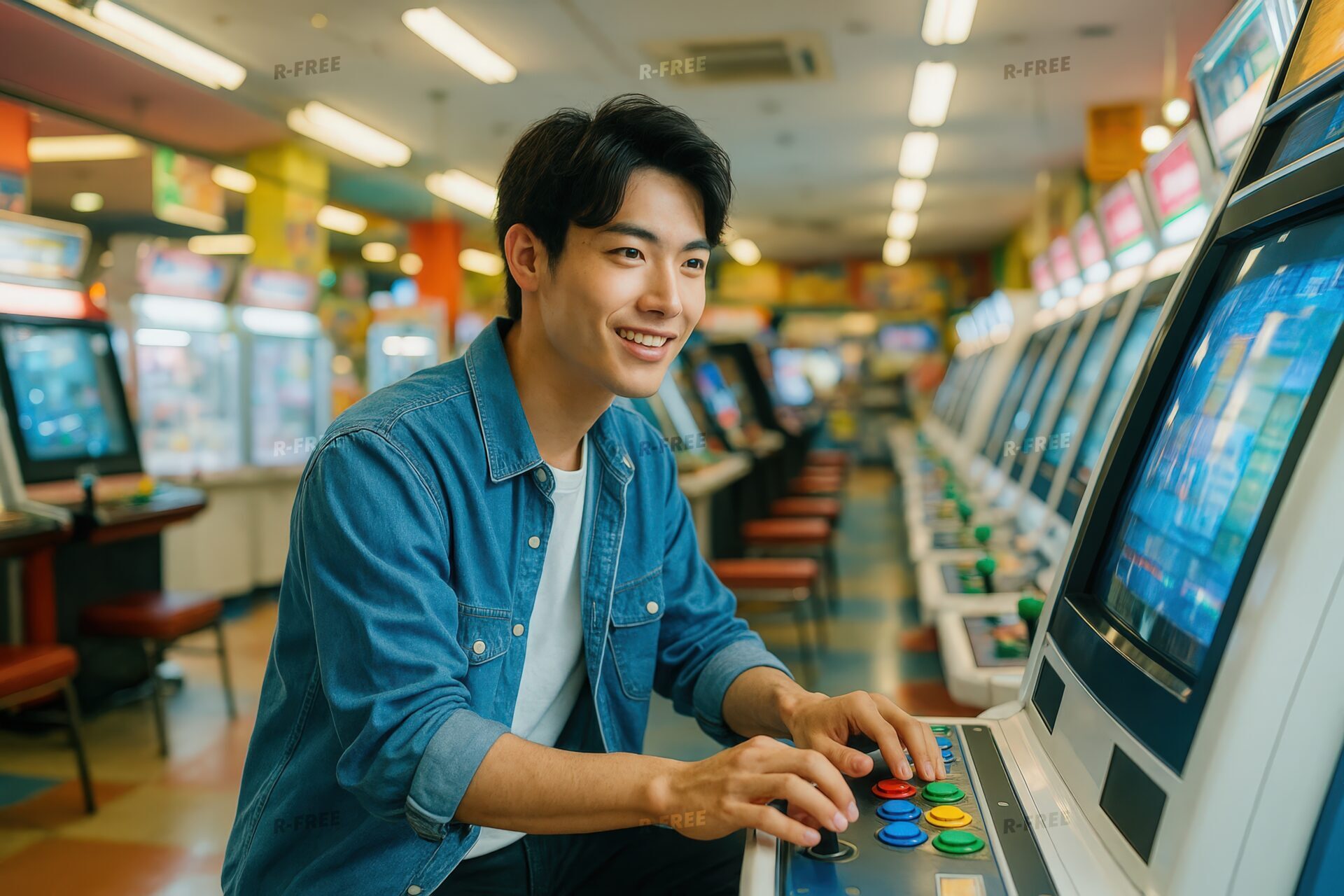 ゲームセンターでアーケードゲームを楽しむ若い男性