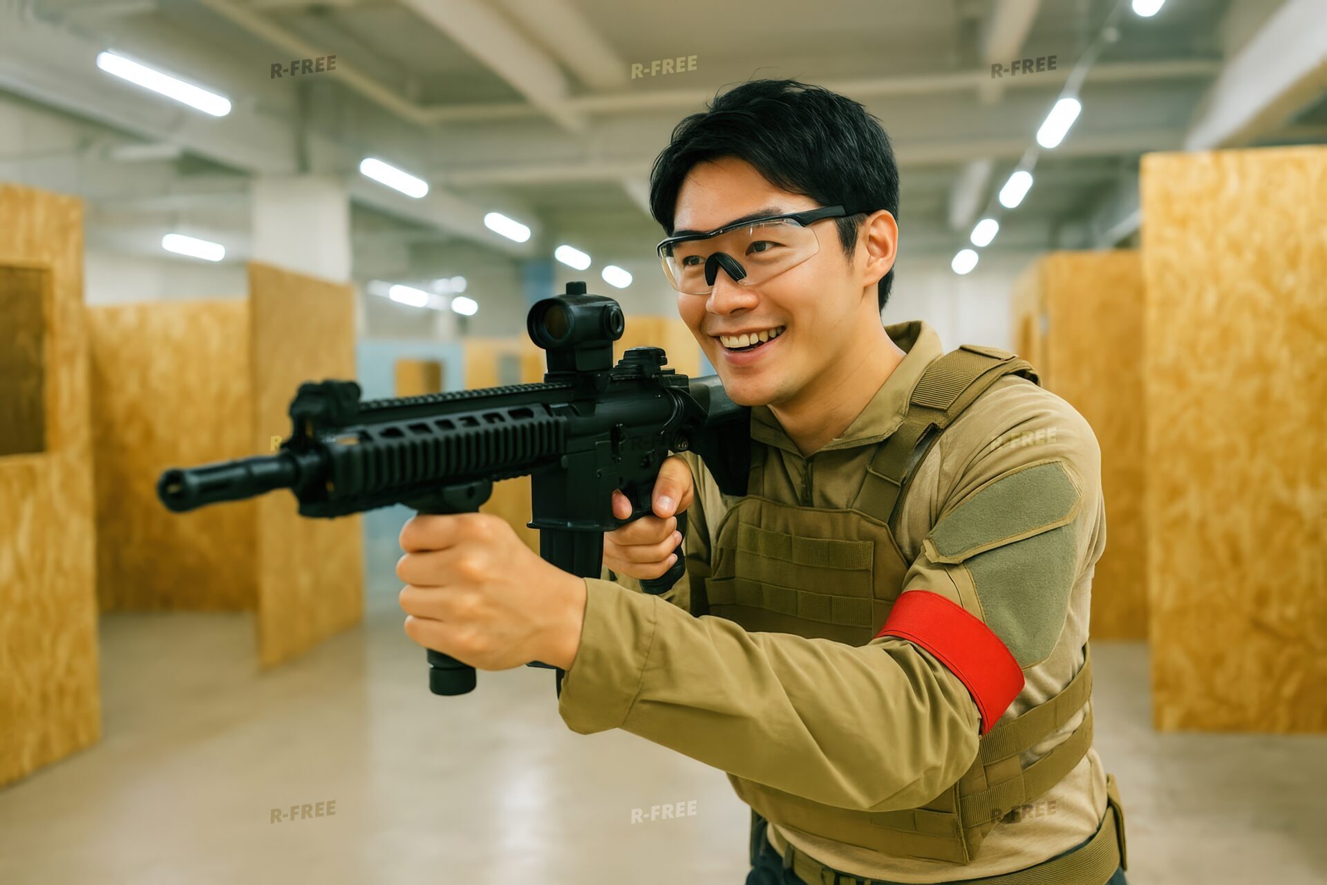 室内でプレイ中のサバゲー男性プレイヤー