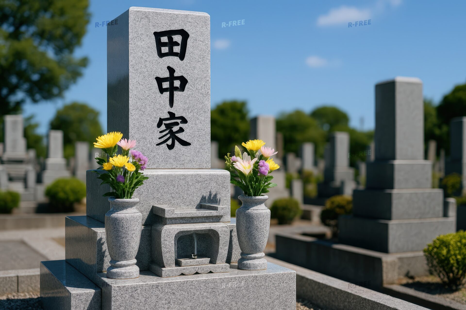 田中家の墓石と供えられた花