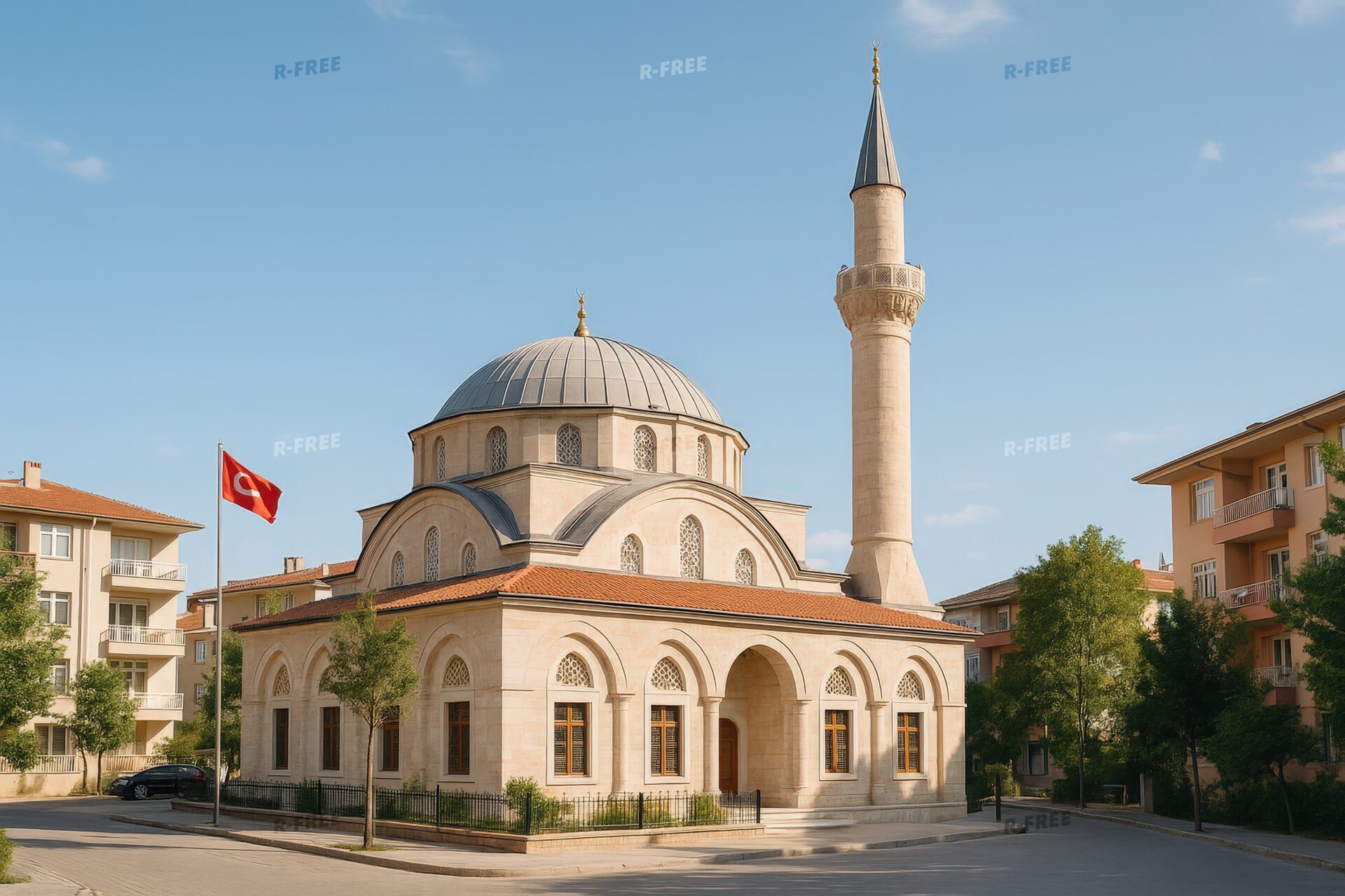 トルコ国旗が掲げられた街中のモスクと青空