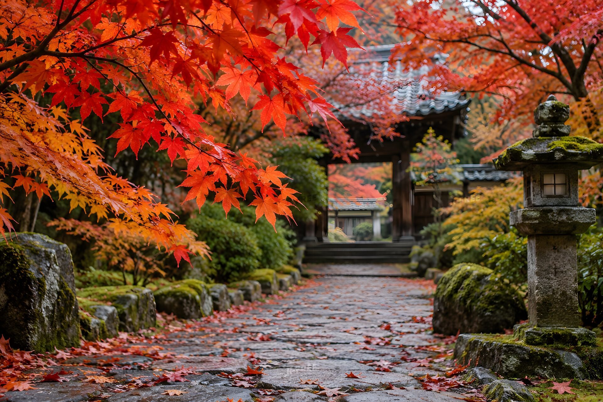 石灯籠のある寺院の庭園を彩る赤い紅葉