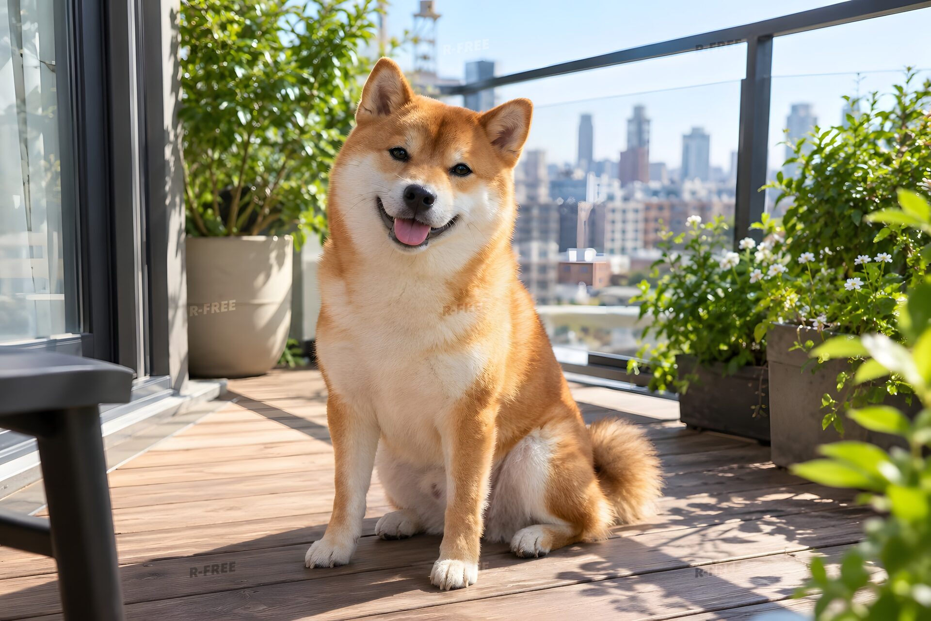 朝日の当たるベランダで座ってこちらを見る柴犬