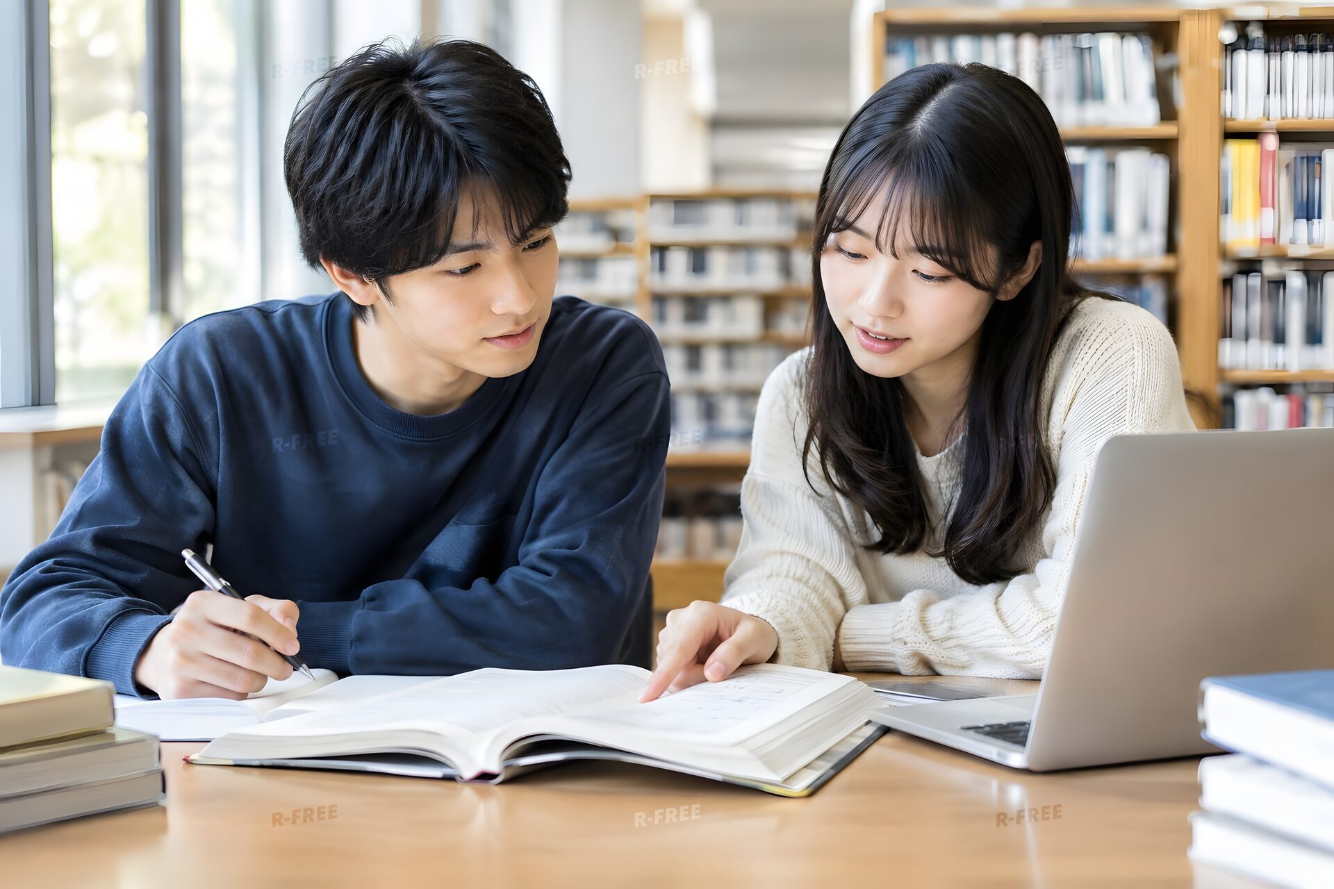 図書館で教科書とノートパソコンを広げて勉強する大学生の男女