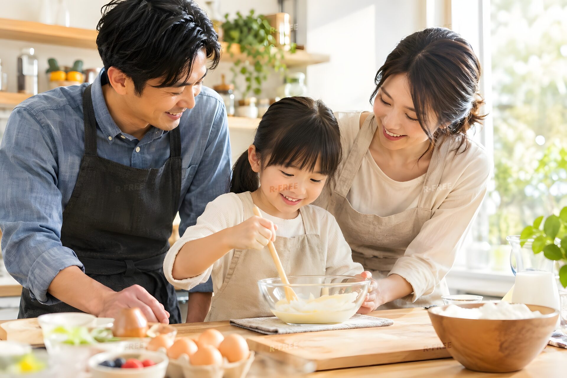 明るいキッチンで娘と一緒に料理をする両親