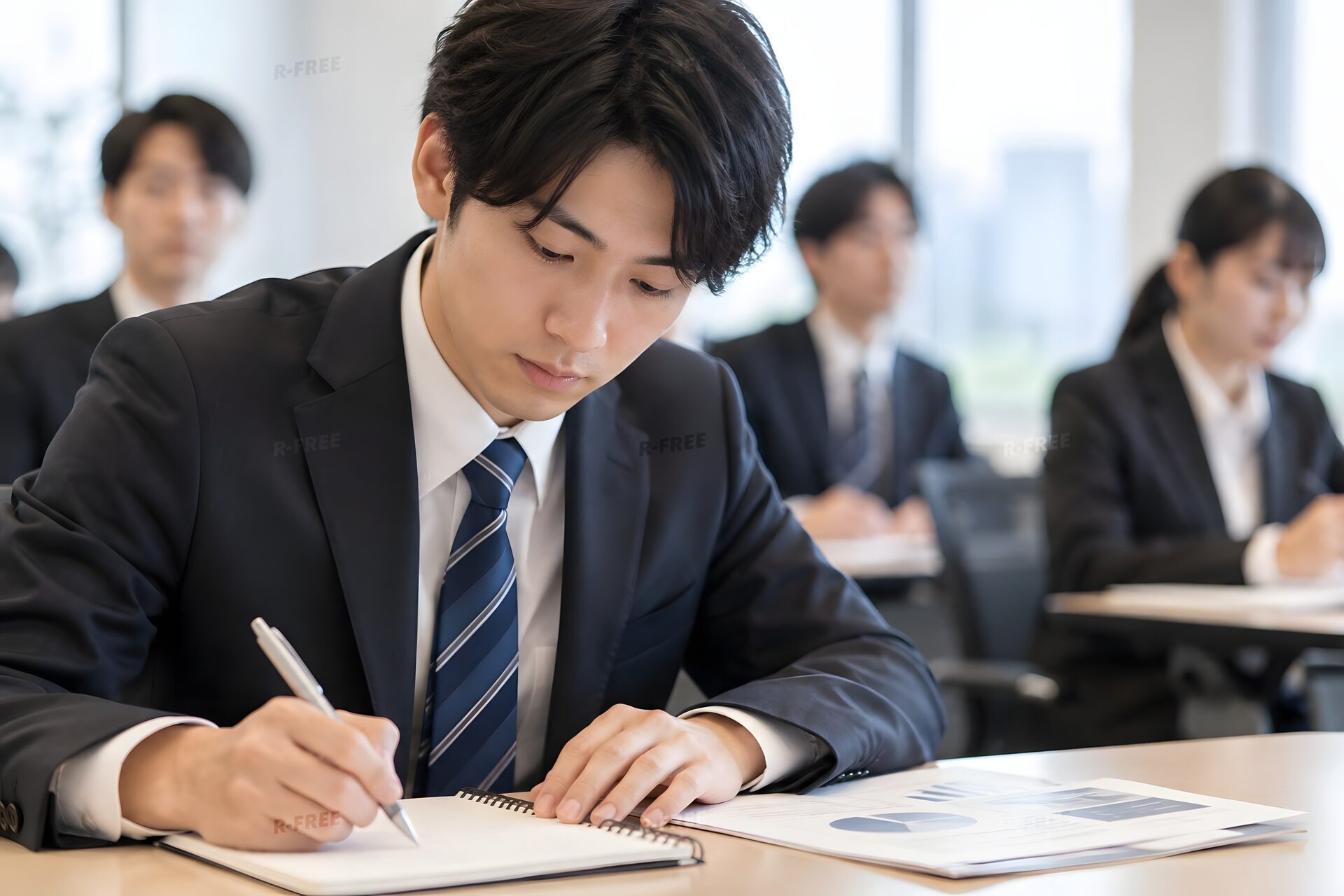 研修中にノートを取る20代の新入社員の手元