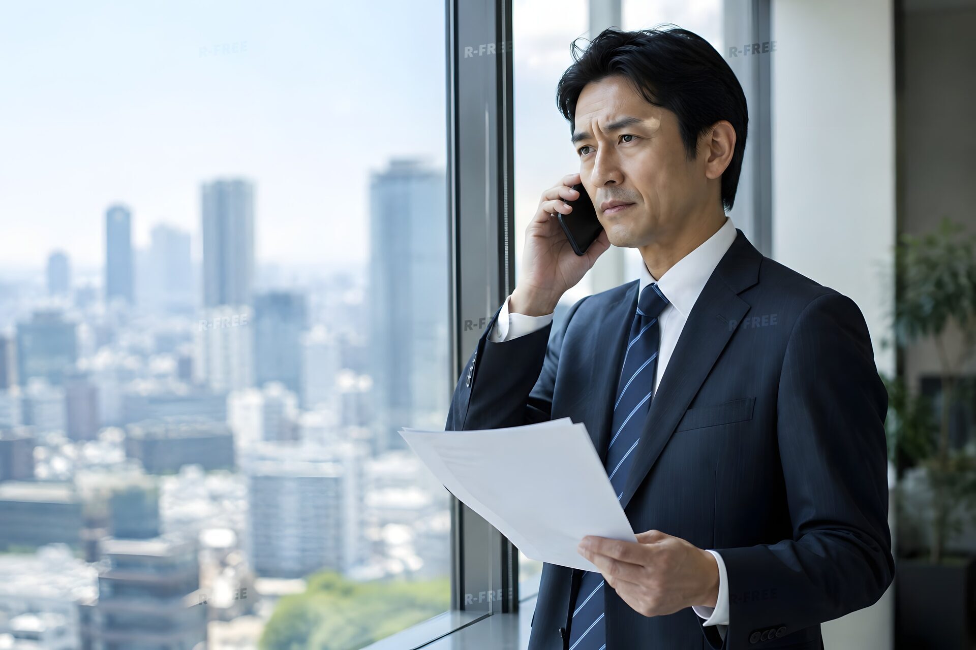 窓際でスマートフォンを手に真剣に通話する40代男性