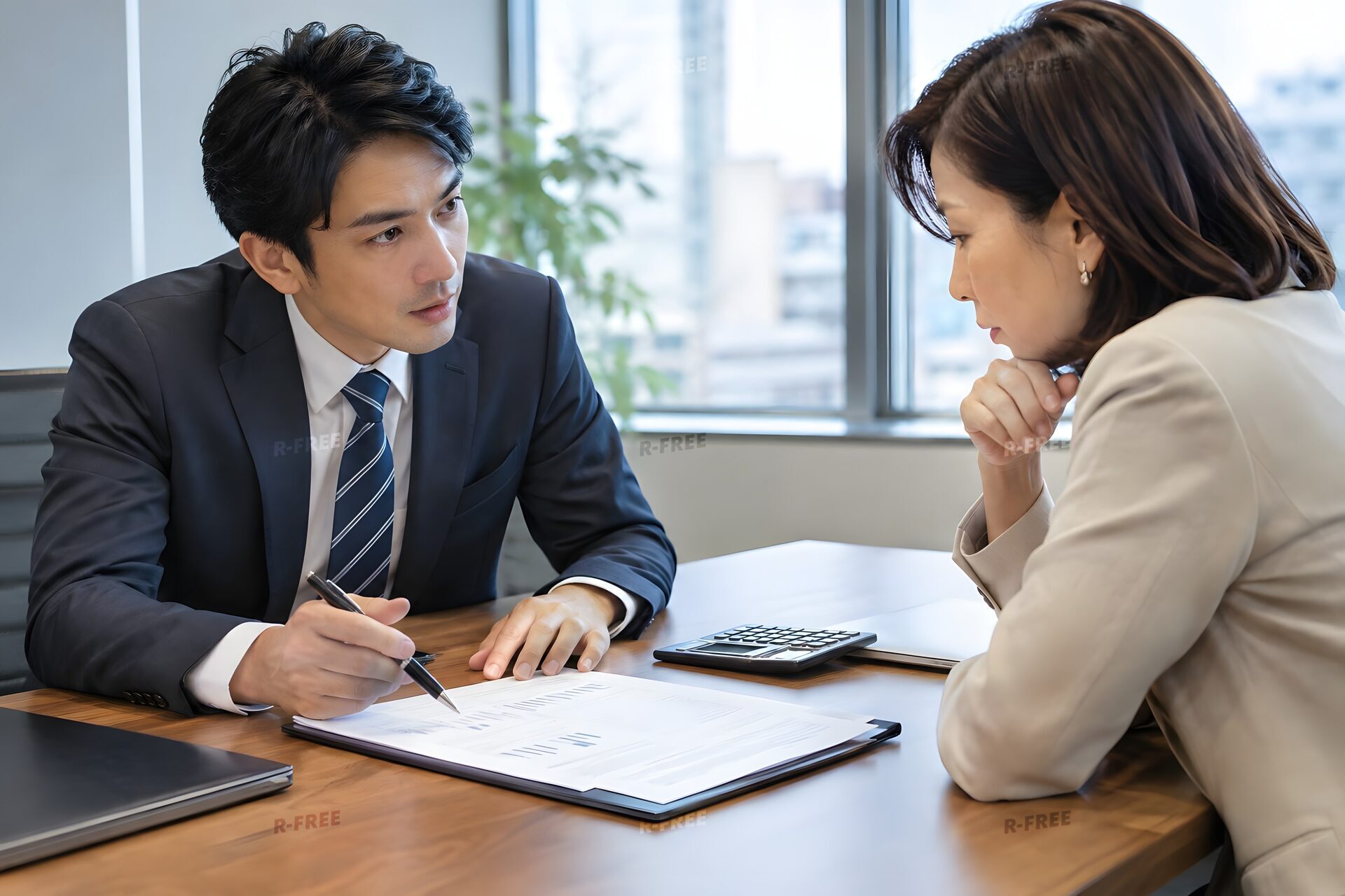 会議室のテーブル越しに提案書を挟んで交渉する男女