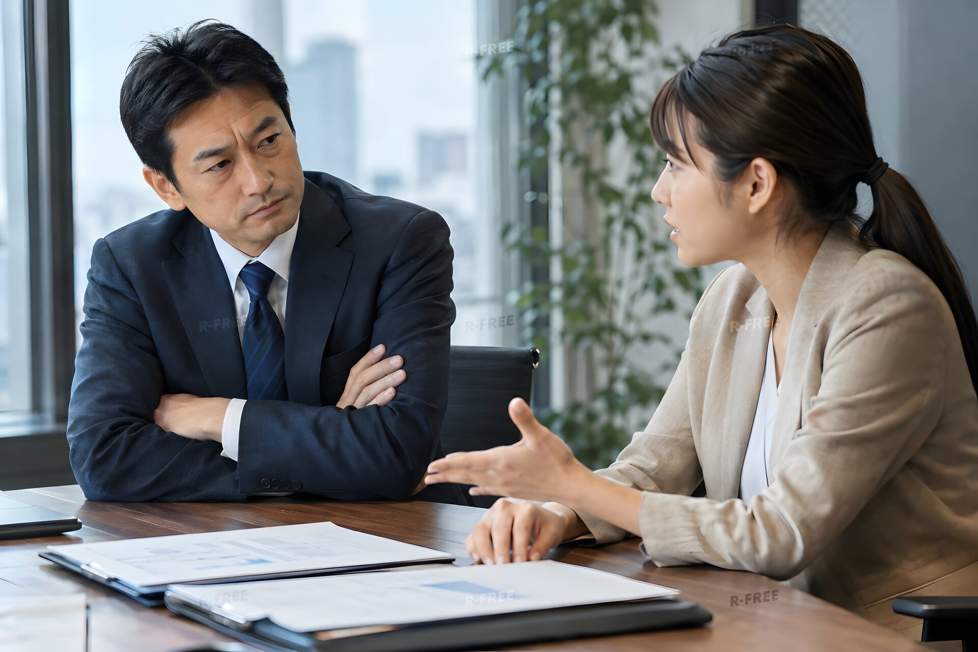 腕を組んで提案を検討する40代男性と説明する20代女性