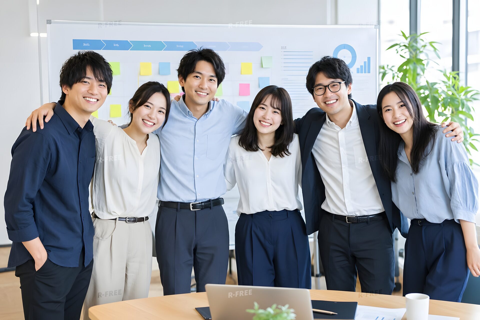 完成したプロジェクト計画の前で肩を組む6人のチーム