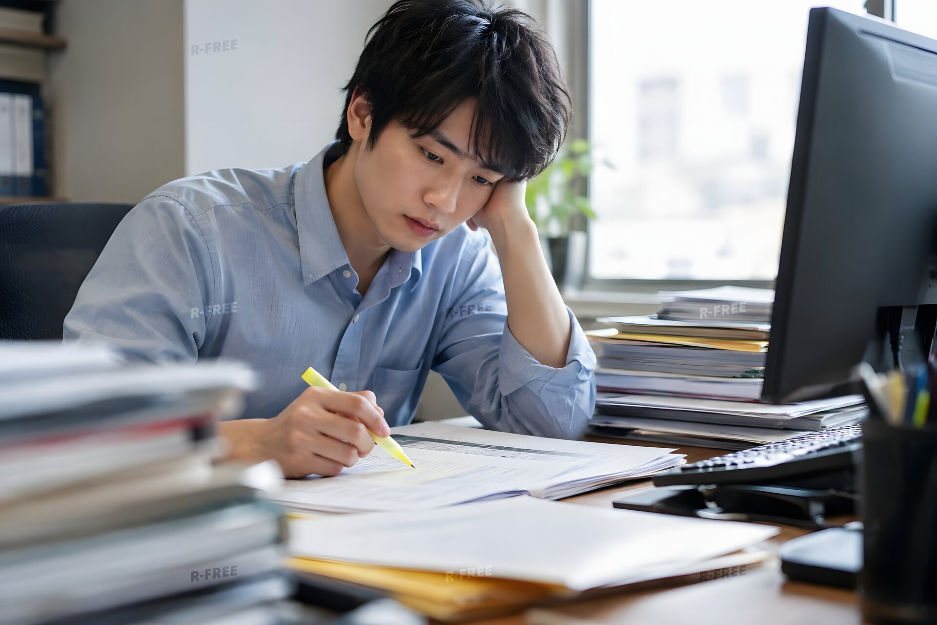 書類の山を前に蛍光ペンで確認作業をする20代男性