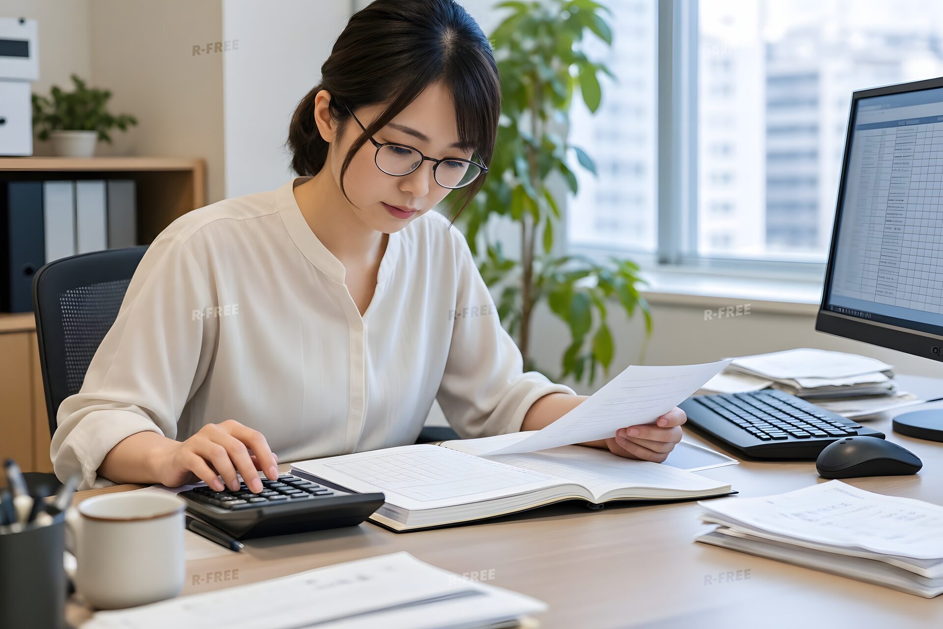 電卓で請求書を確認する30代の経理担当女性