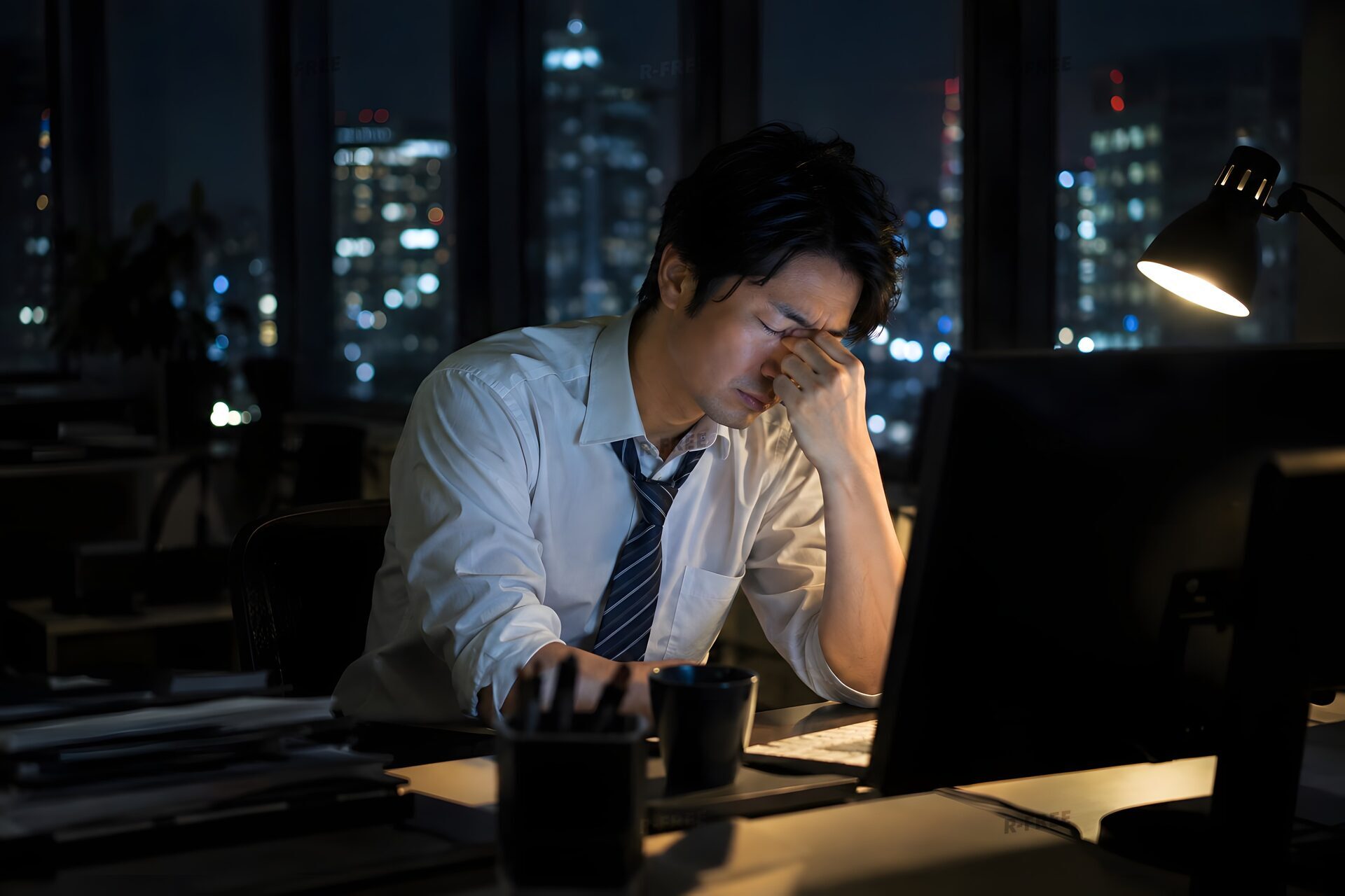 夜のオフィスでひとり残業し目をこする30代男性