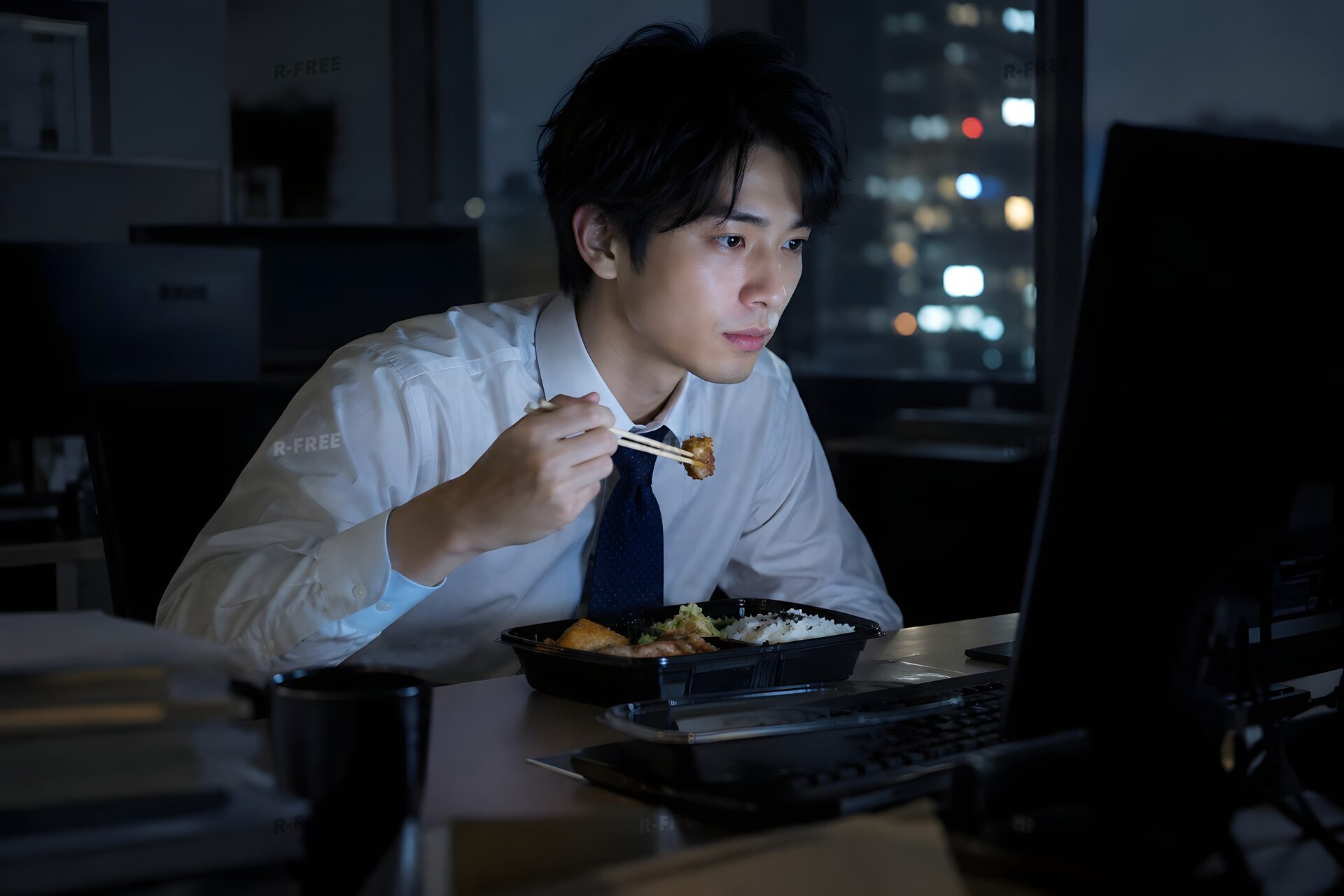 夜のデスクでコンビニ弁当を食べながら作業を続ける20代男性