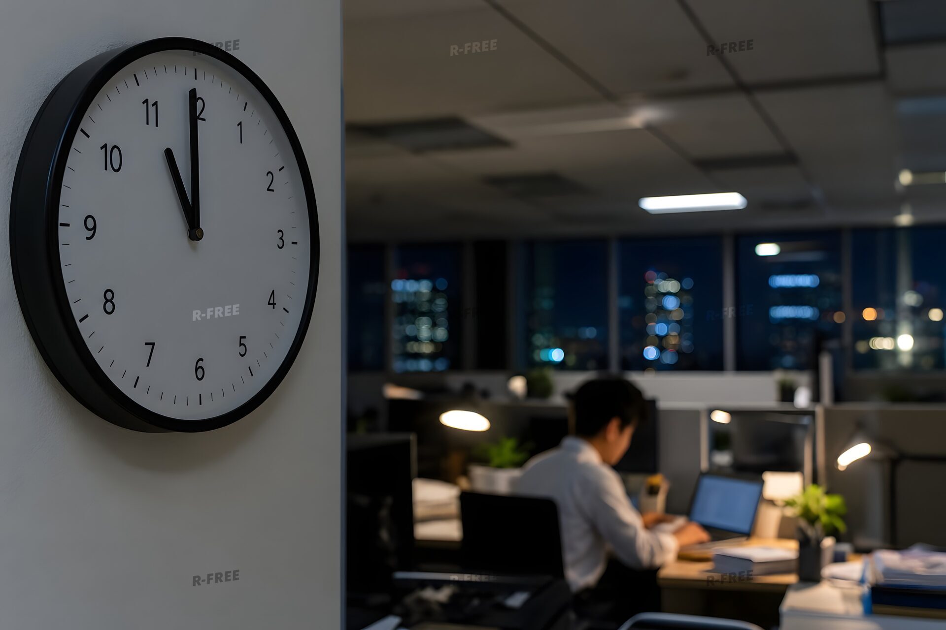 夜11時を指す壁時計とデスクで作業を続ける社員