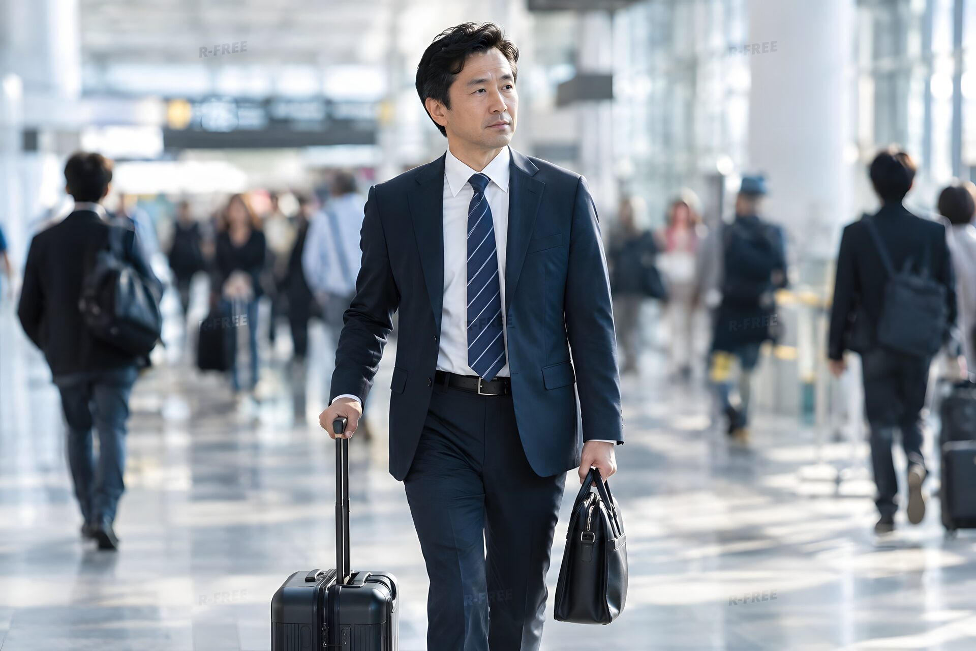 キャリーケースを引いて駅のコンコースを歩く40代男性