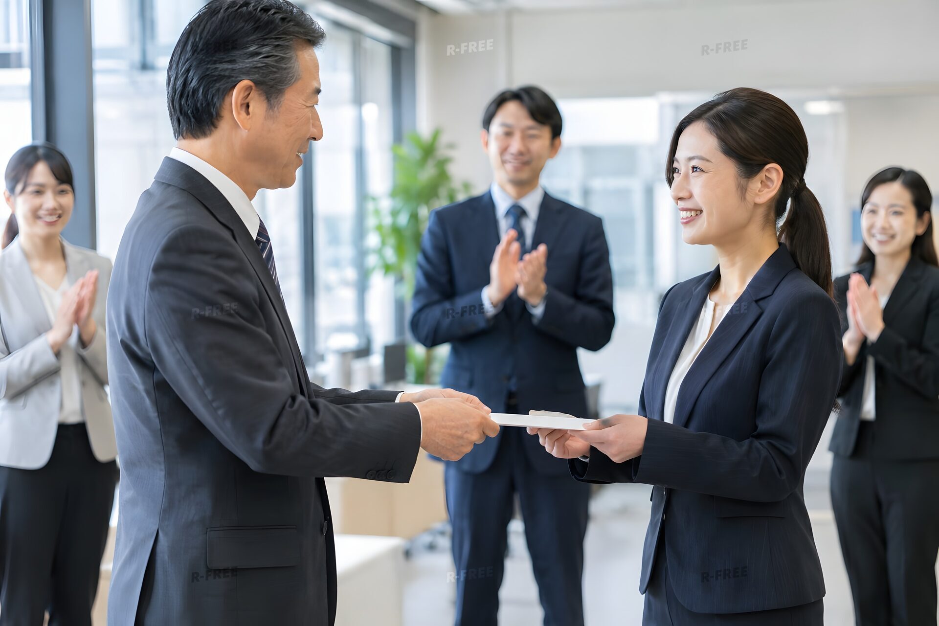 辞令を手渡す50代の役員と受け取る30代女性
