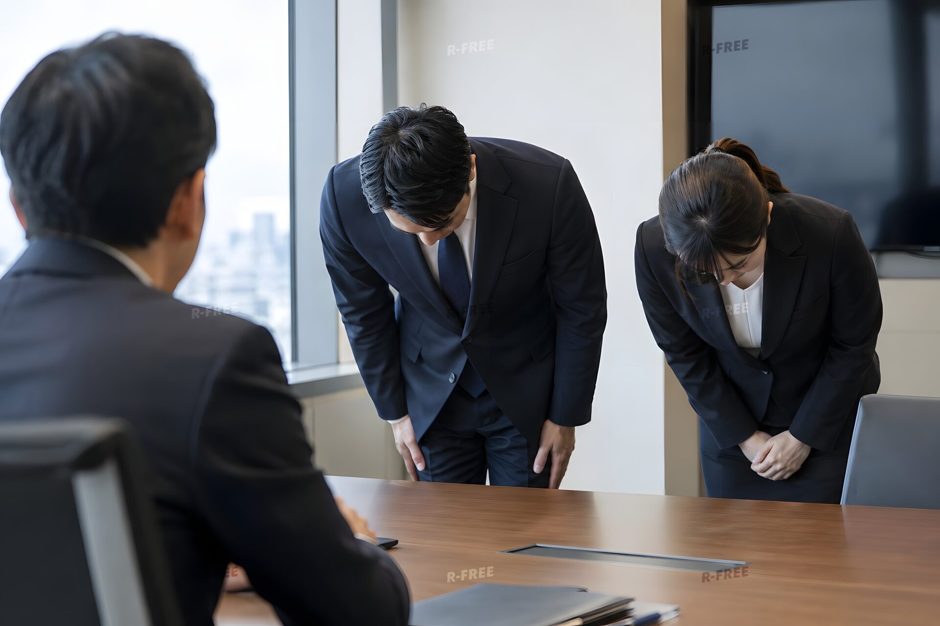 取引先の前でそろって頭を下げる2人の担当者
