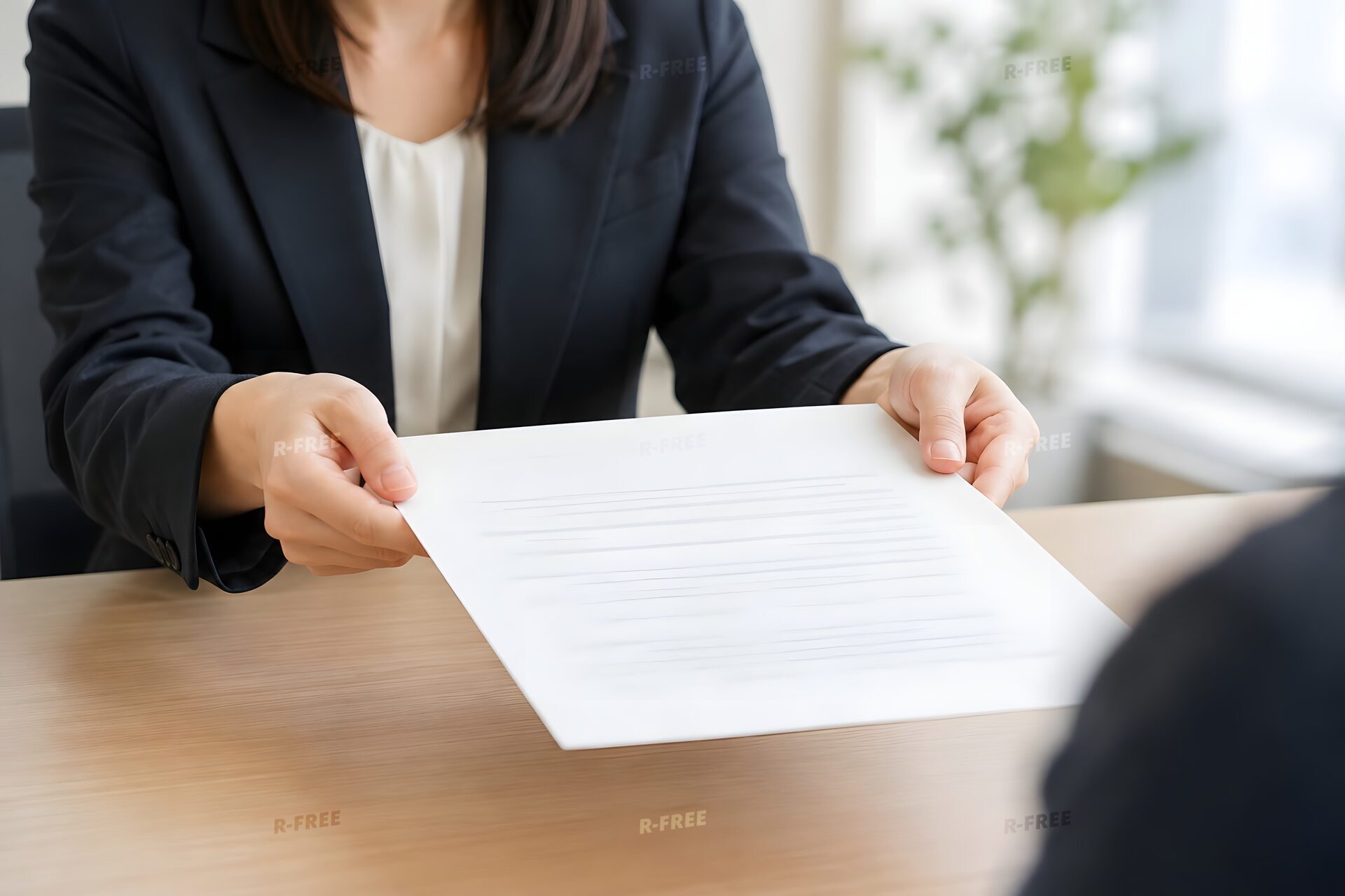 書類を相手の向きにして両手で差し出す女性の手元