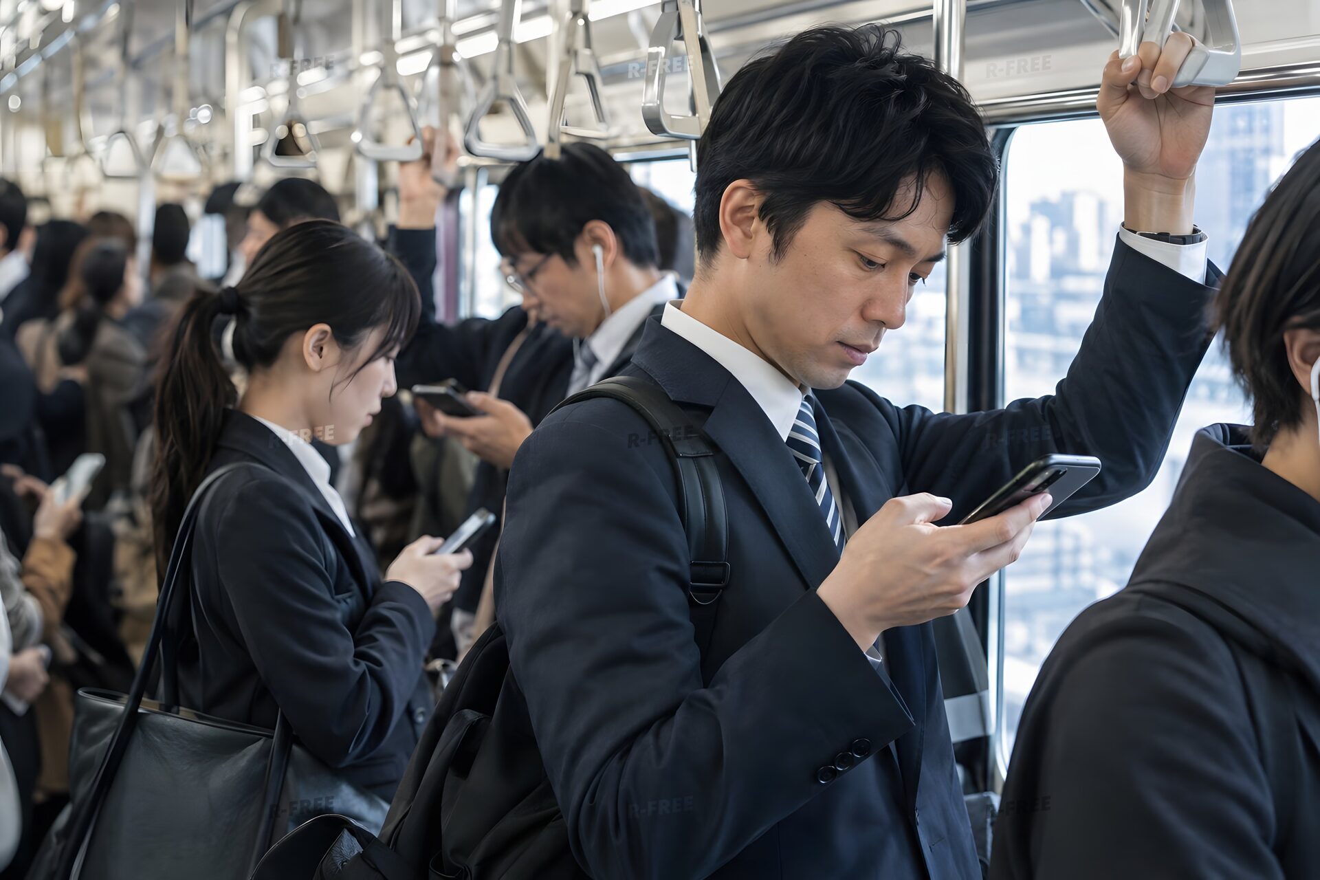 朝の満員電車でつり革を持つスーツ姿の会社員たち