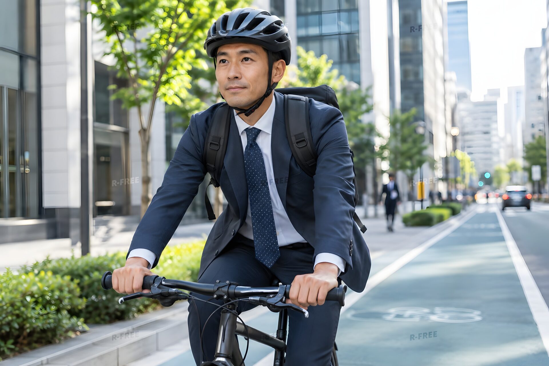 朝の街を自転車で通勤するスーツ姿の40代男性